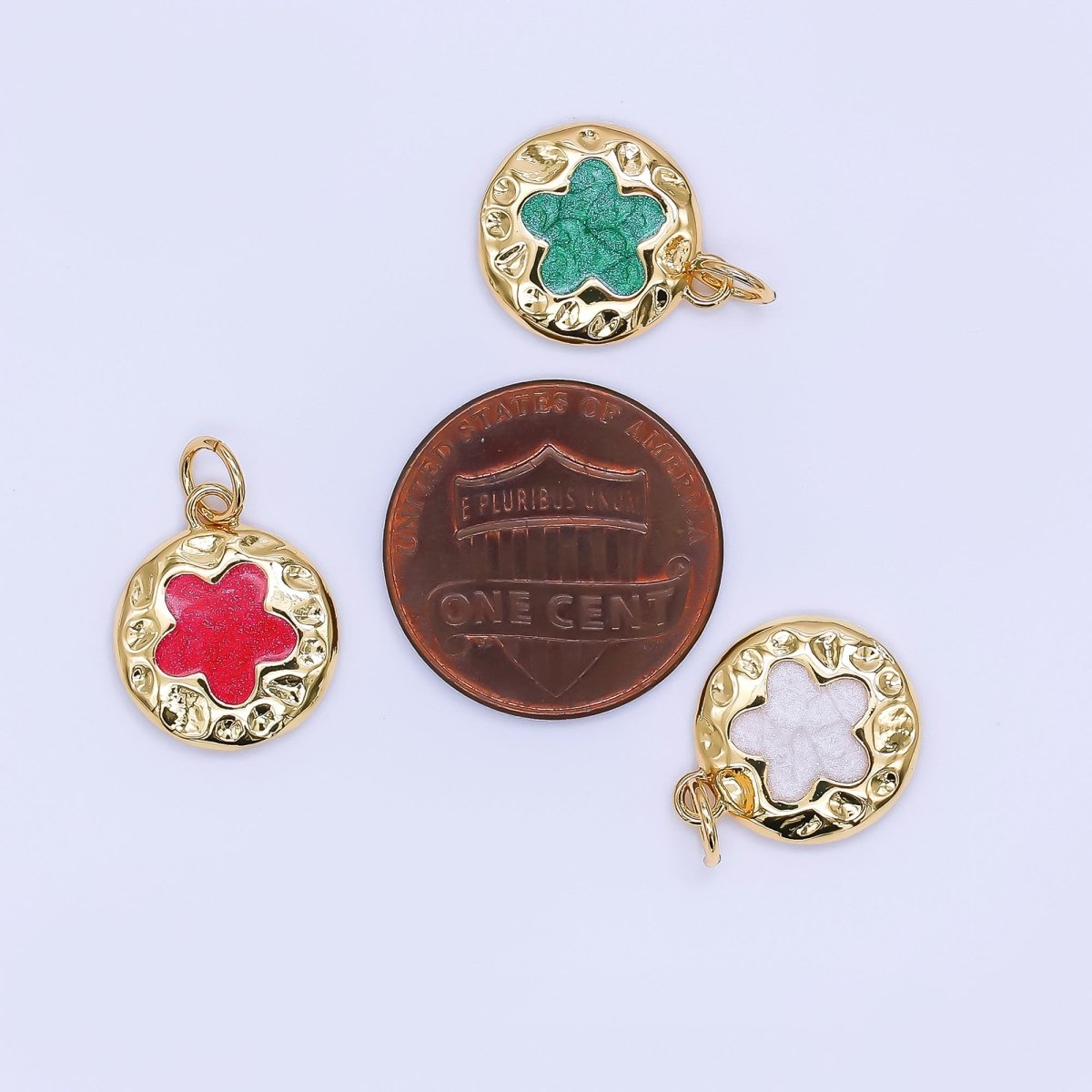 24K Gold Filled 15mm Enamel 5 - Petals Clover Coin Charm in Red, White, & Green | AF - 533 AF - 534 - DLUXCA