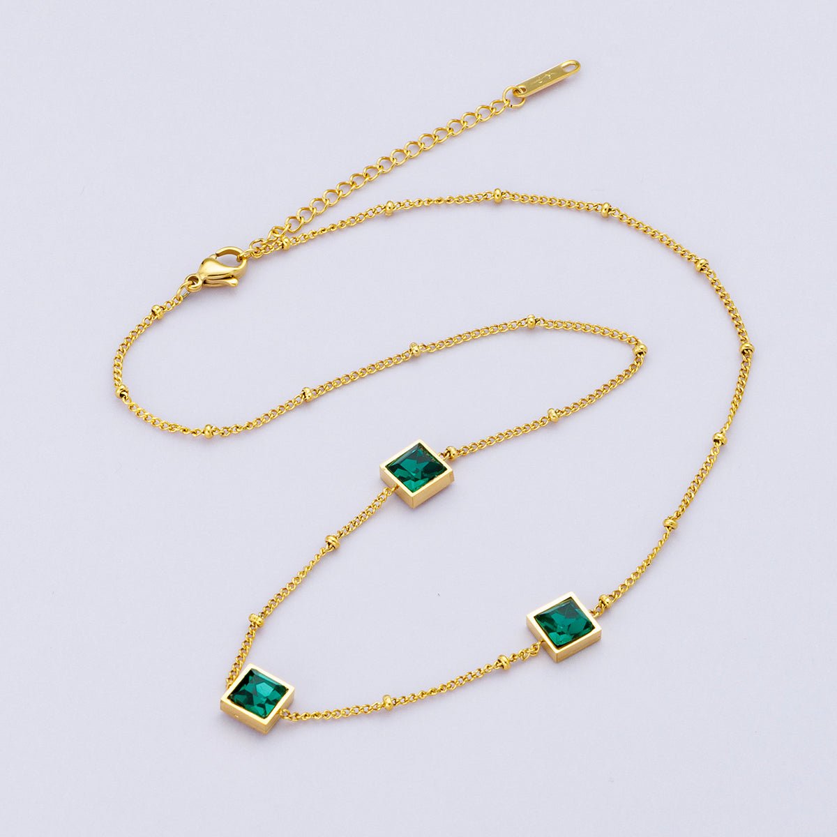 24K Gold Filled 15mm Green CZ Square Satellite Chain 20 Inch Necklace w. Extender | WA - 04048 - DLUXCA