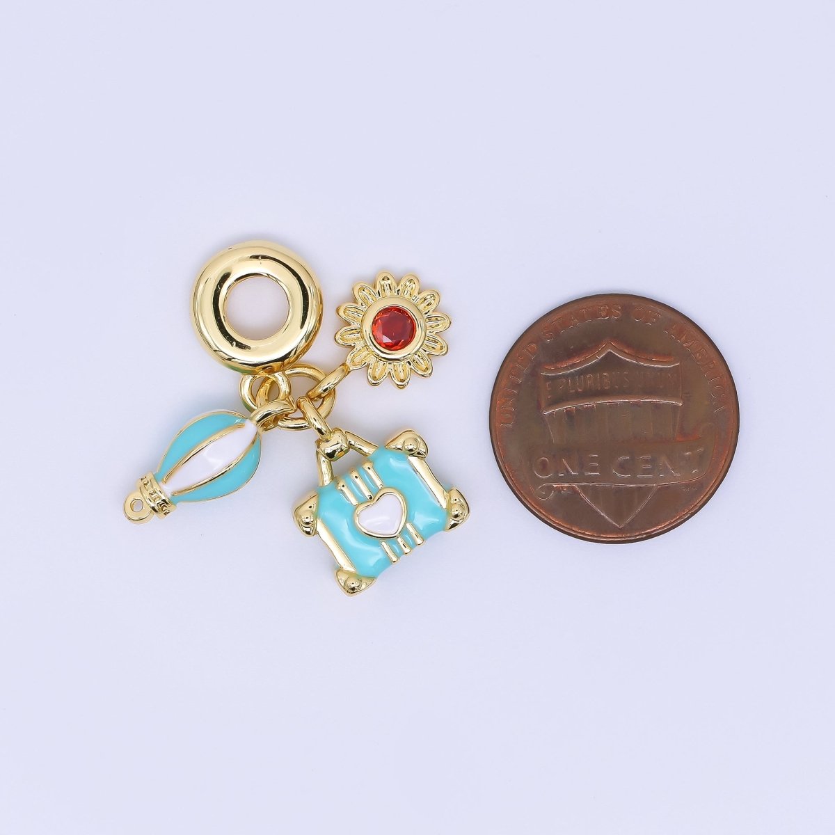 24K Gold Filled 15mm Hot Air Balloon, Lifesaver, & Sunflower Summer Holidays Set Rondelle Drop Charm | AC1637 - DLUXCA