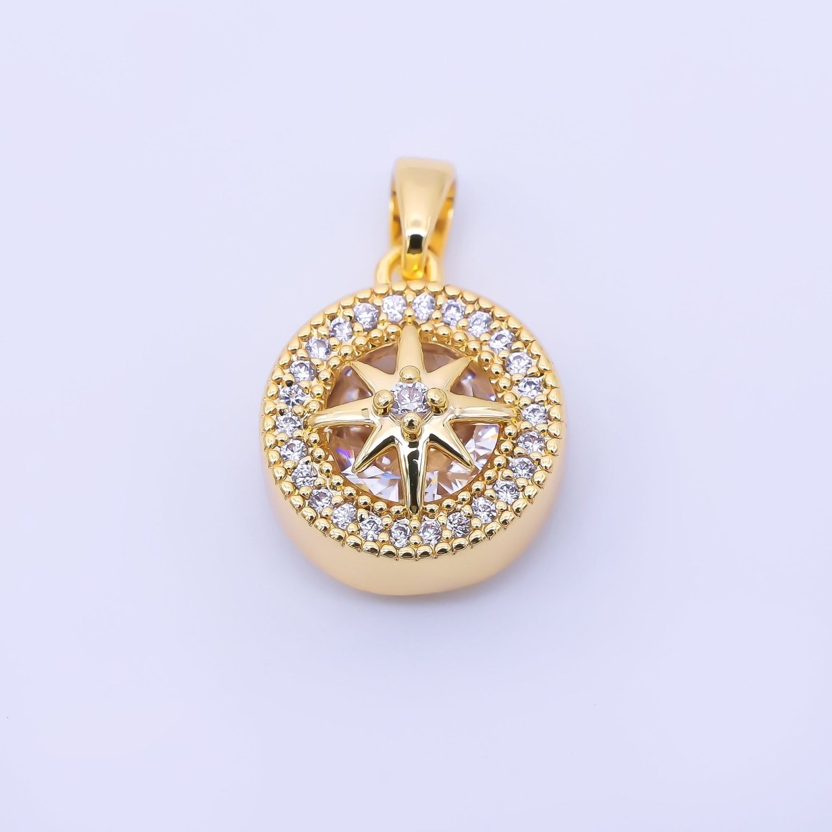 24K Gold Filled 15mm Micro Paved CZ North Star Compass Pendant in Gold & Silver | AA1649 - DLUXCA