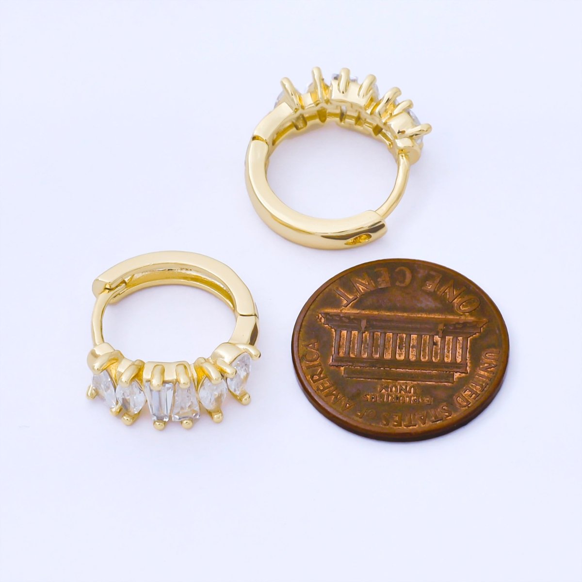 24K Gold Filled 15mm Mixed - Cut Baguette Teardrop Marquise CZ Cluster Huggie Earrings | AB1626 - DLUXCA