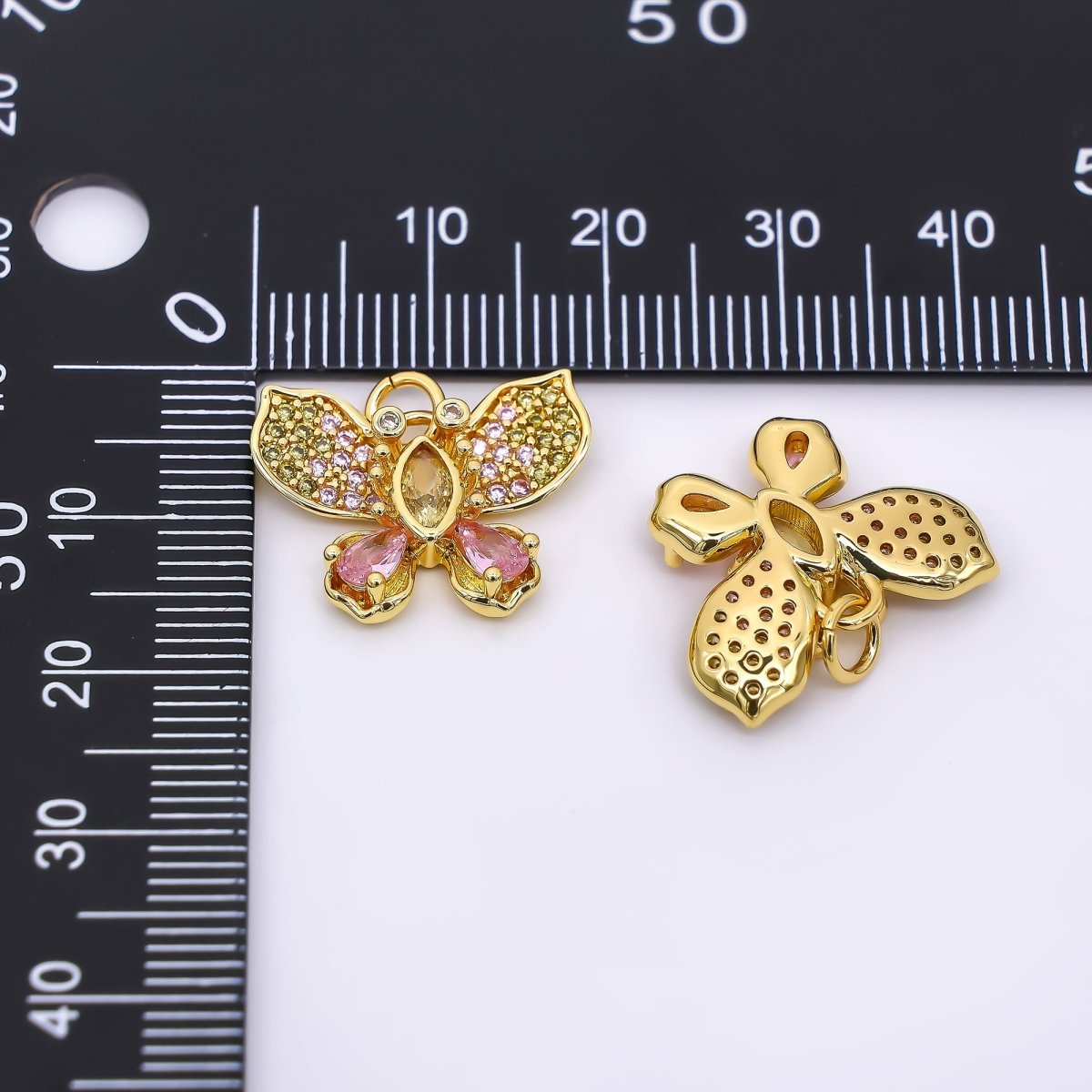 24K Gold Filled 15mm Mixed - Cut Pink CZ Big Butterfly Wings Animal Charm | AF - 517 - DLUXCA