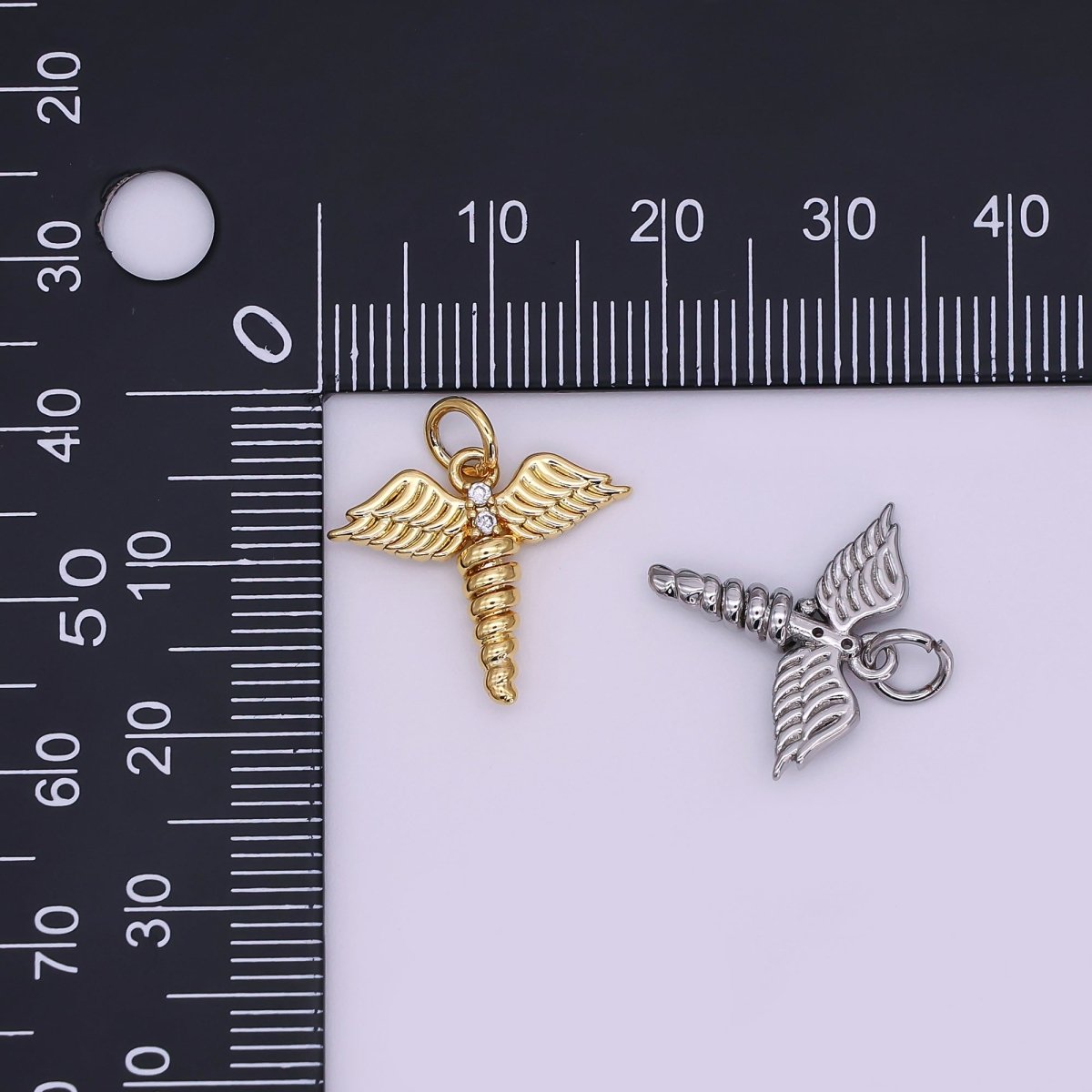 24K Gold Filled 15mm Round CZ Medical Wings Charm in Gold & Silver | AJ - 347 - DLUXCA