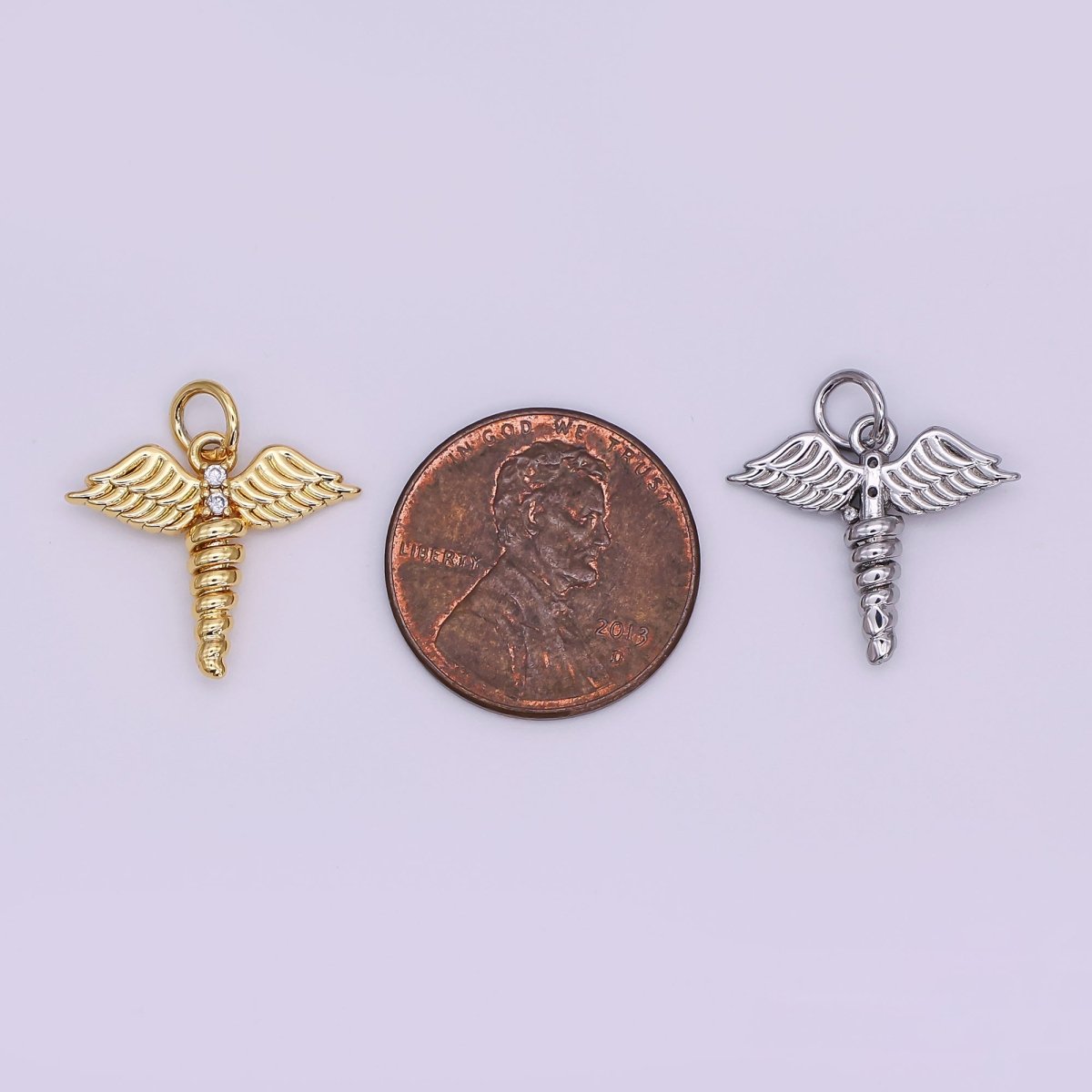 24K Gold Filled 15mm Round CZ Medical Wings Charm in Gold & Silver | AJ - 347 - DLUXCA