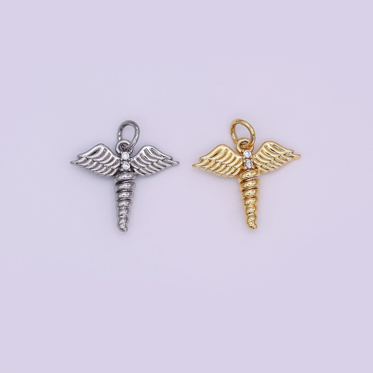 24K Gold Filled 15mm Round CZ Medical Wings Charm in Gold & Silver | AJ - 347 - DLUXCA