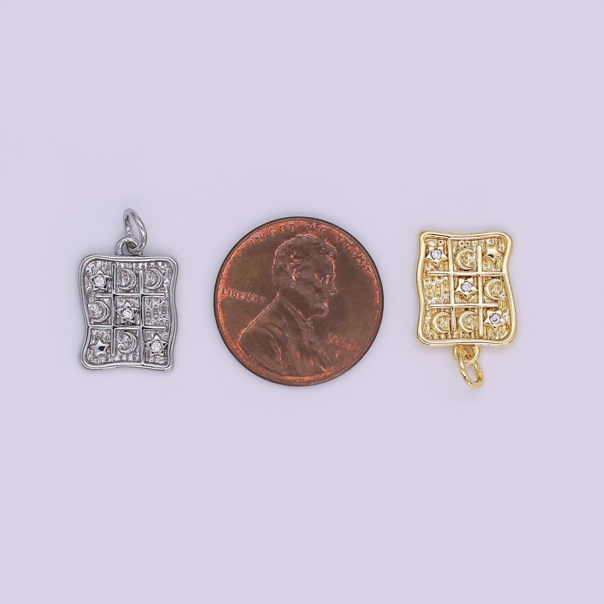 24K Gold Filled 15mm Round CZ TicTacToe Moon & Stars Charm in Gold & Silver | AJ - 340 - DLUXCA