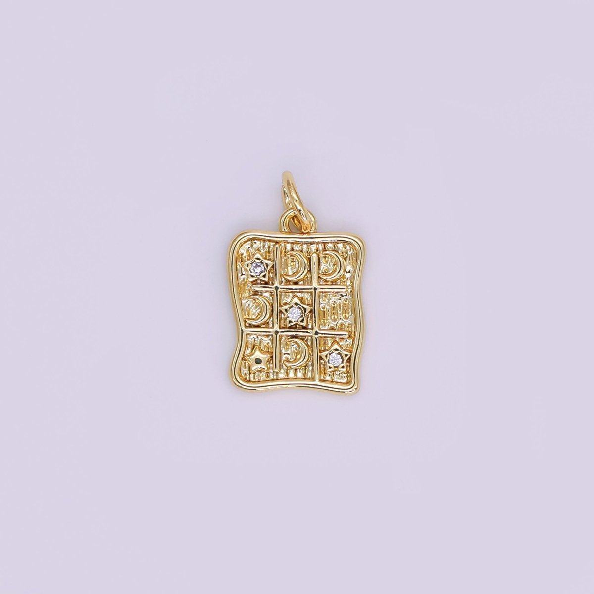 24K Gold Filled 15mm Round CZ TicTacToe Moon & Stars Charm in Gold & Silver | AJ - 340 - DLUXCA