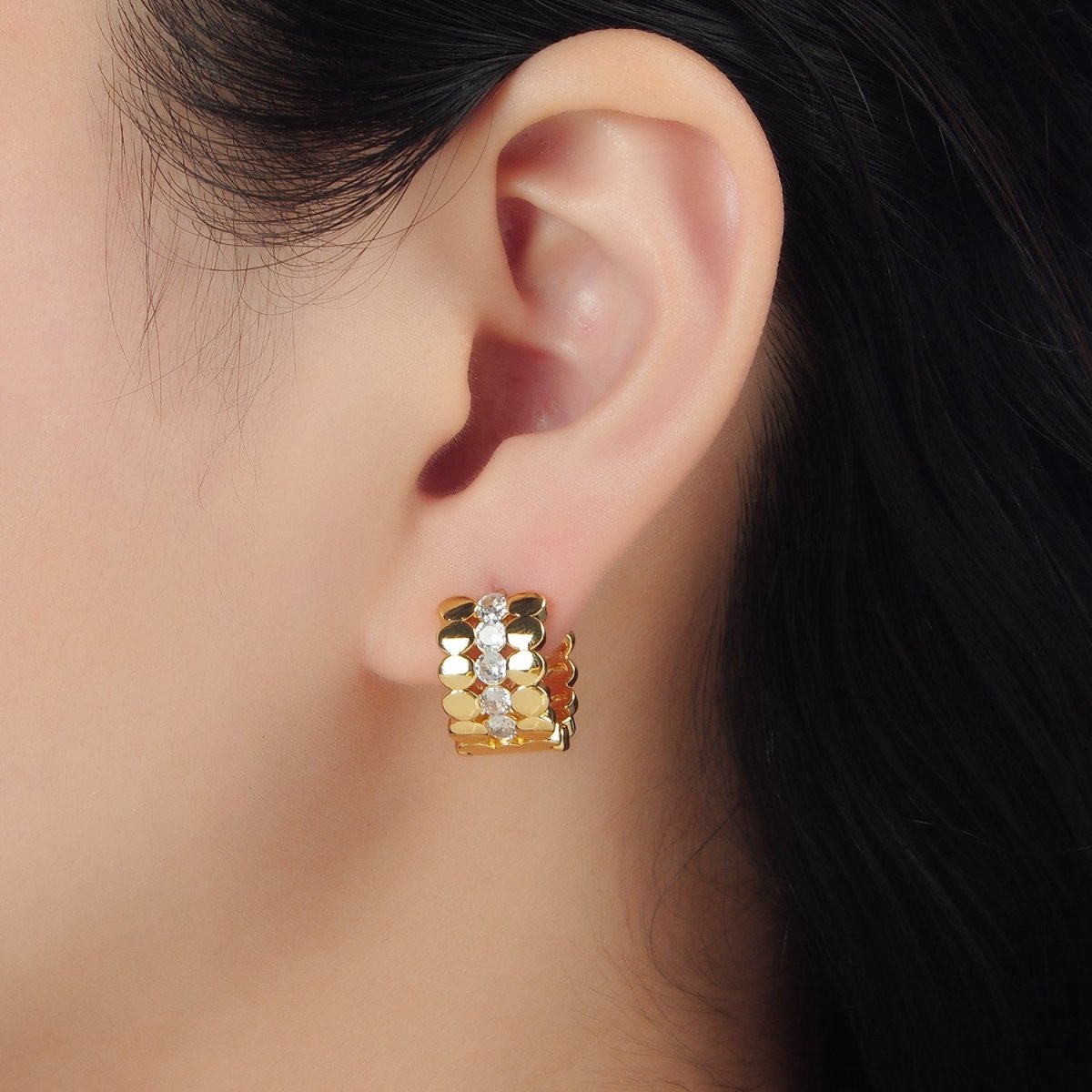 24K Gold Filled 15mm Triple Flat Round CZ Huggie Earrings | AD755 - DLUXCA