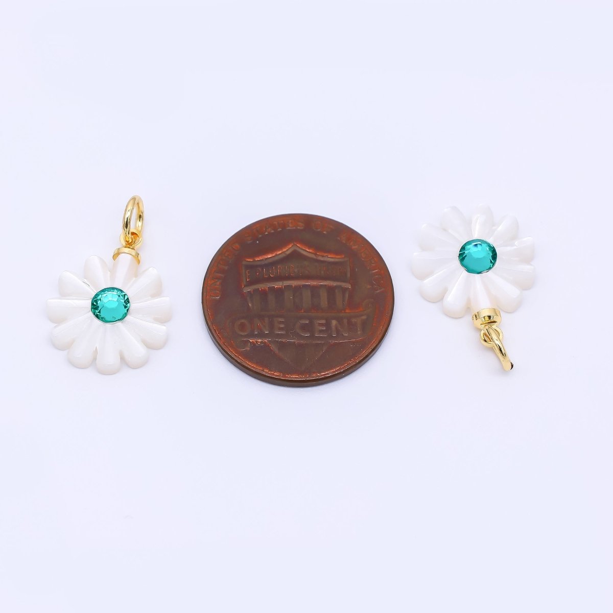 24K Gold Filled 15mm Turquoise Green CZ Shell Pearl Pure White Blooming Flower Charm | P - 1809 - DLUXCA