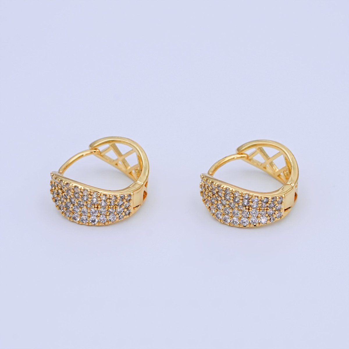 24K Gold Filled 15mm Wide Curved Micro Paved CZ Filigree Hoop Earrings | T256 - DLUXCA