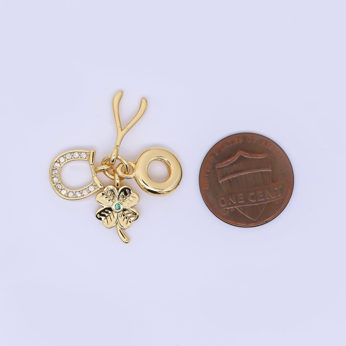 24K Gold Filled 15mm Wishbones, Horseshoe, & Lucky Clover Good Luck Set Rondelle Drop Charm | AC1647 - DLUXCA
