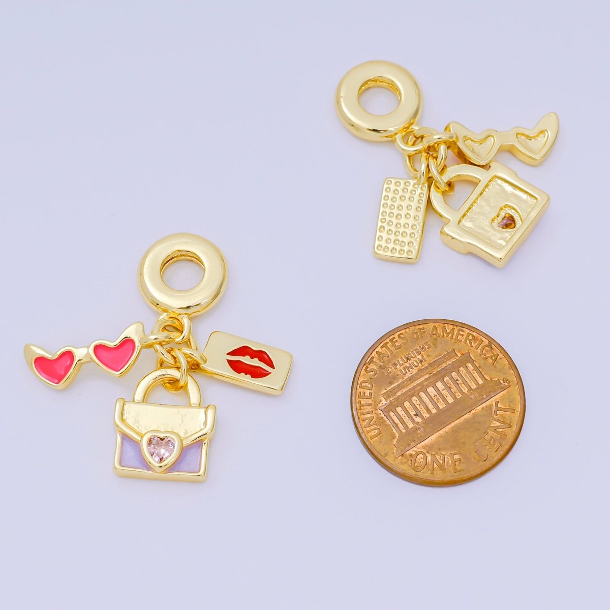 24K Gold Filled 16.5mm Heart - Shaped CZ Enamel Art Popular Girl Set Charm in Sunglasses, Lipstick, & Purse | AH - 603 - DLUXCA