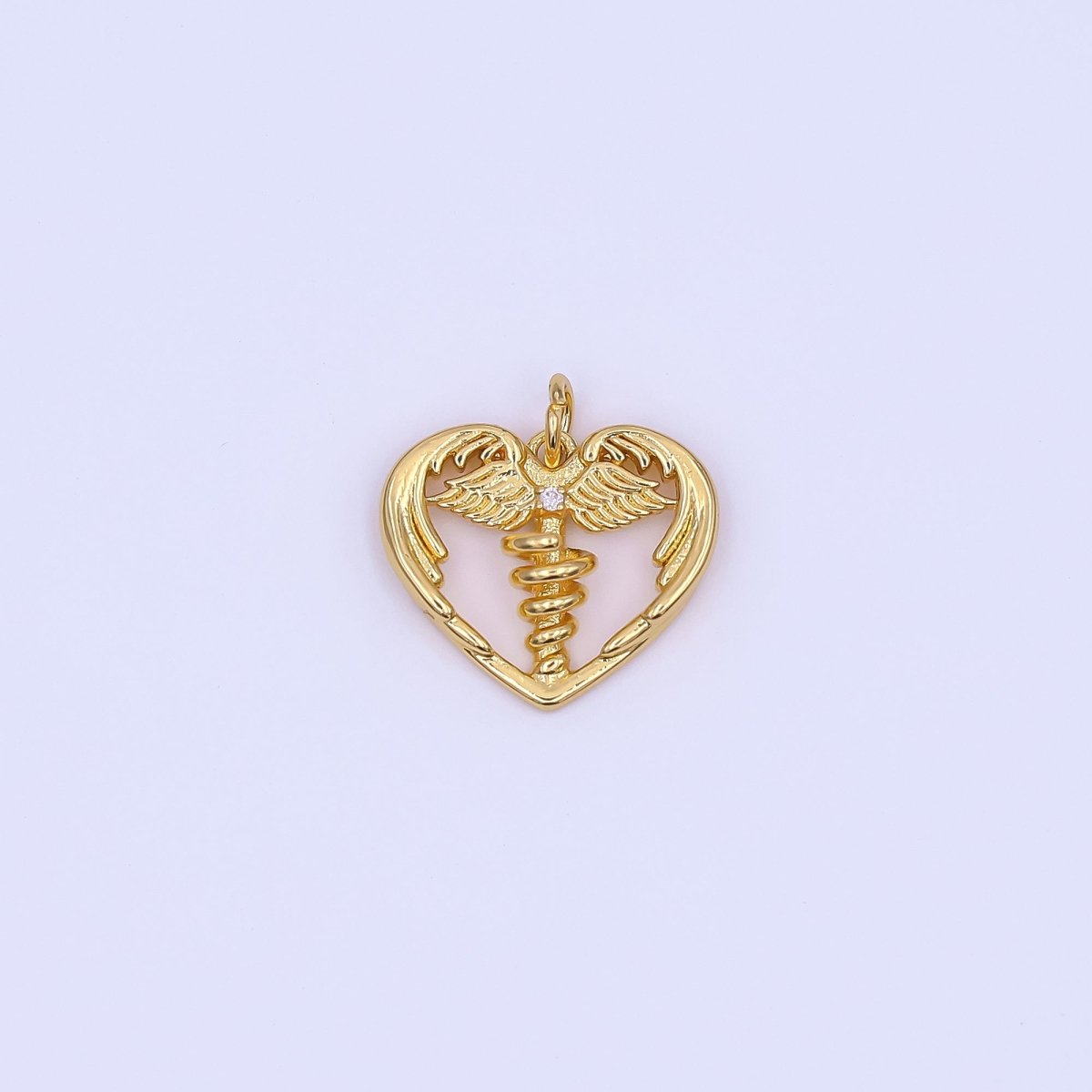 24K Gold Filled 16mm Clear CZ Medic Heart of Healing Snake & Wings Charm Heart of Caduceus Pharmacy Symbol in Gold & Silver | AF497 - DLUXCA