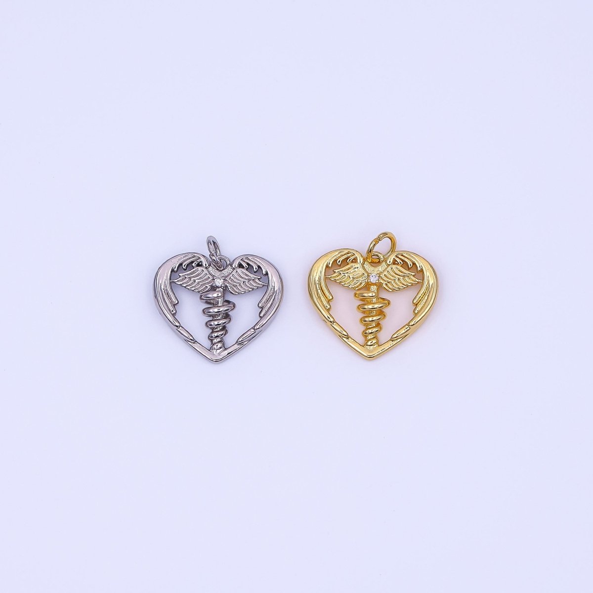 24K Gold Filled 16mm Clear CZ Medic Heart of Healing Snake & Wings Charm Heart of Caduceus Pharmacy Symbol in Gold & Silver | AF497 - DLUXCA