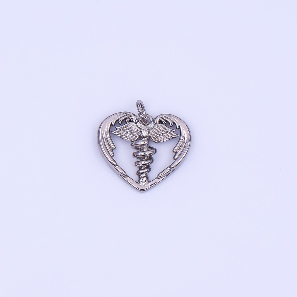 24K Gold Filled 16mm Clear CZ Medic Heart of Healing Snake & Wings Charm Heart of Caduceus Pharmacy Symbol in Gold & Silver | AF497 - DLUXCA
