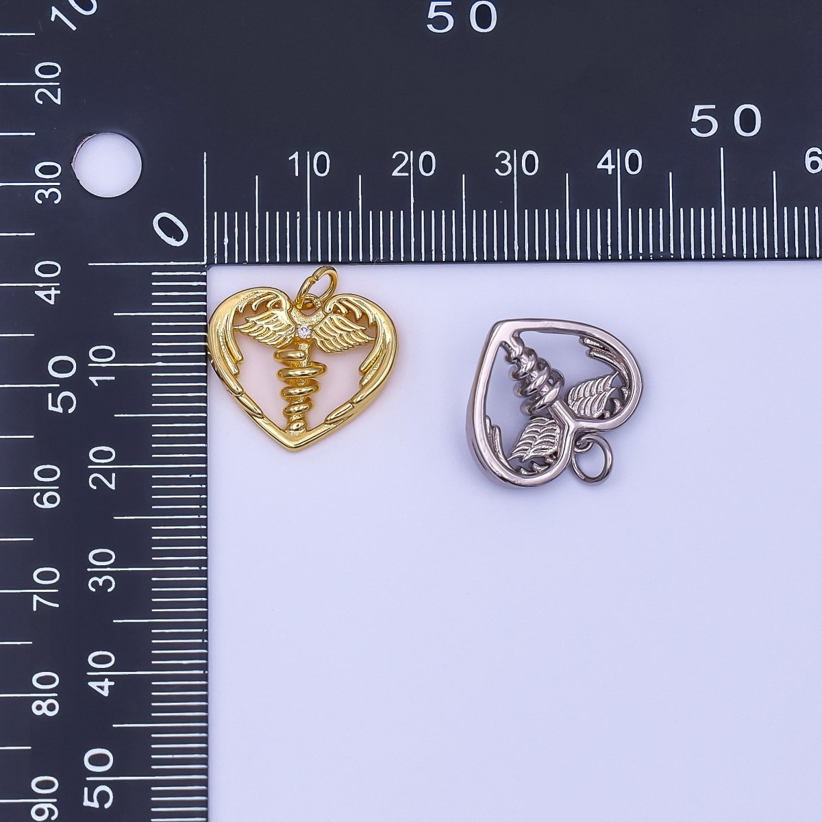 24K Gold Filled 16mm Clear CZ Medic Heart of Healing Snake & Wings Charm Heart of Caduceus Pharmacy Symbol in Gold & Silver | AF497 - DLUXCA