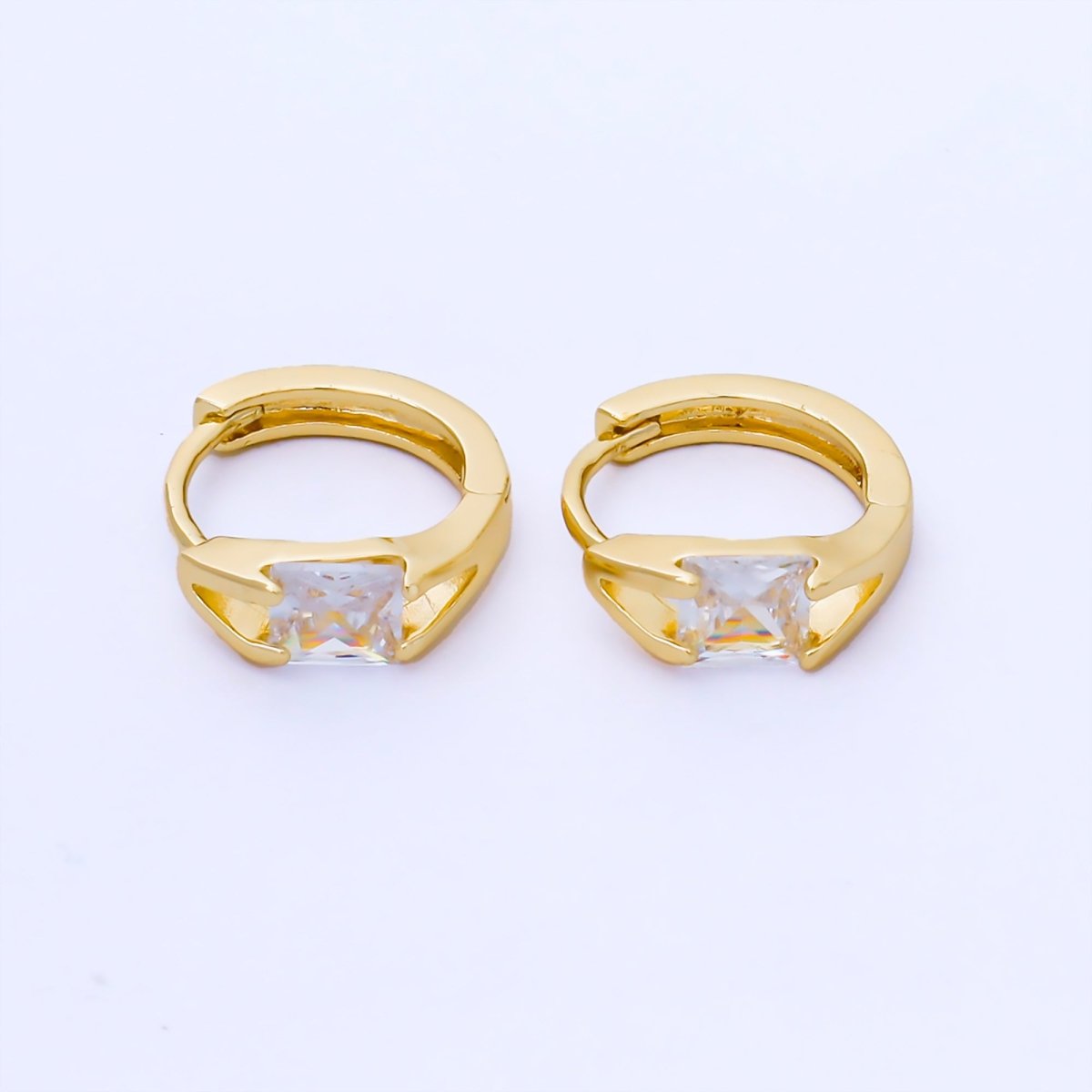 24K Gold Filled 16mm Clear Rectangular CZ Solitaire Huggie Earrings | AB1623 - DLUXCA