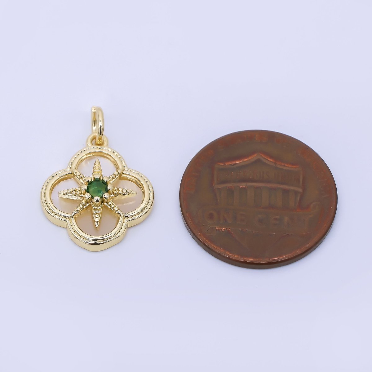24K Gold Filled 16mm Green CZ Shell Pearl Northern Star Clover Flower Charm | AF1275 - DLUXCA