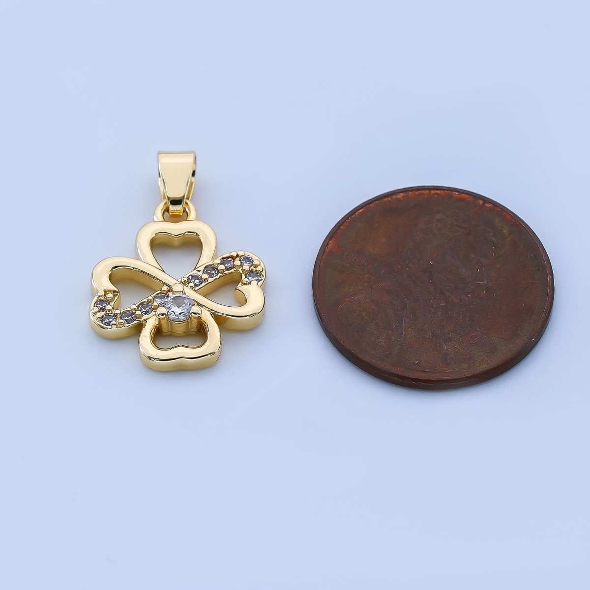 24K Gold Filled 16mm Micro Paved CZ 4 - Leaf Lucky Clover of Fortune Pendant | AH - 520 - DLUXCA