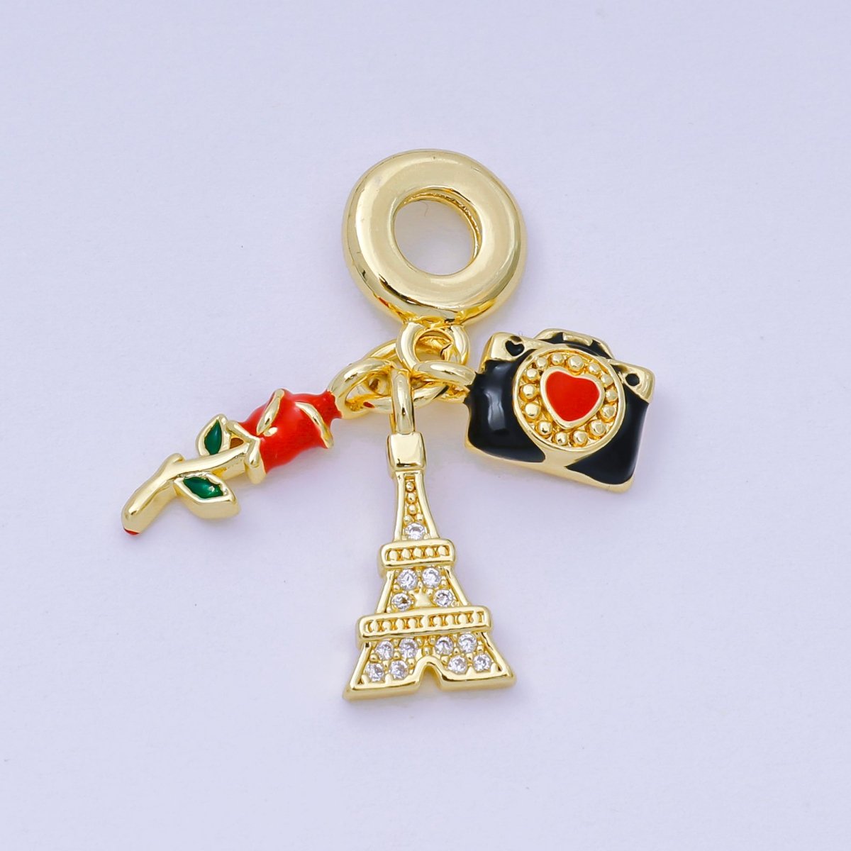 24K Gold Filled 16mm Micro Paved CZ Enamel Art Love in Paris Set Charm in Rose, Camera, & Eiffel Tower | AH - 600 - DLUXCA