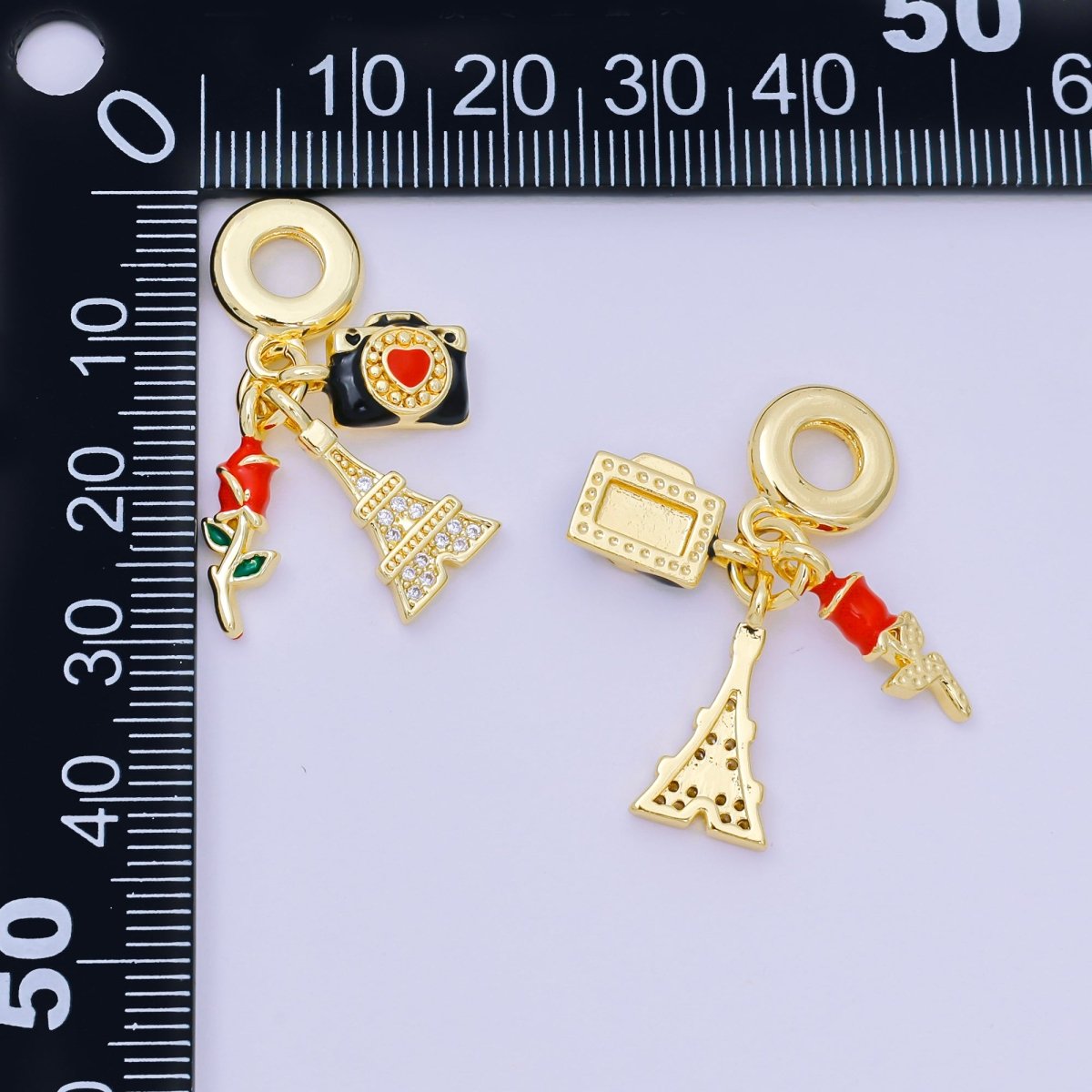 24K Gold Filled 16mm Micro Paved CZ Enamel Art Love in Paris Set Charm in Rose, Camera, & Eiffel Tower | AH - 600 - DLUXCA