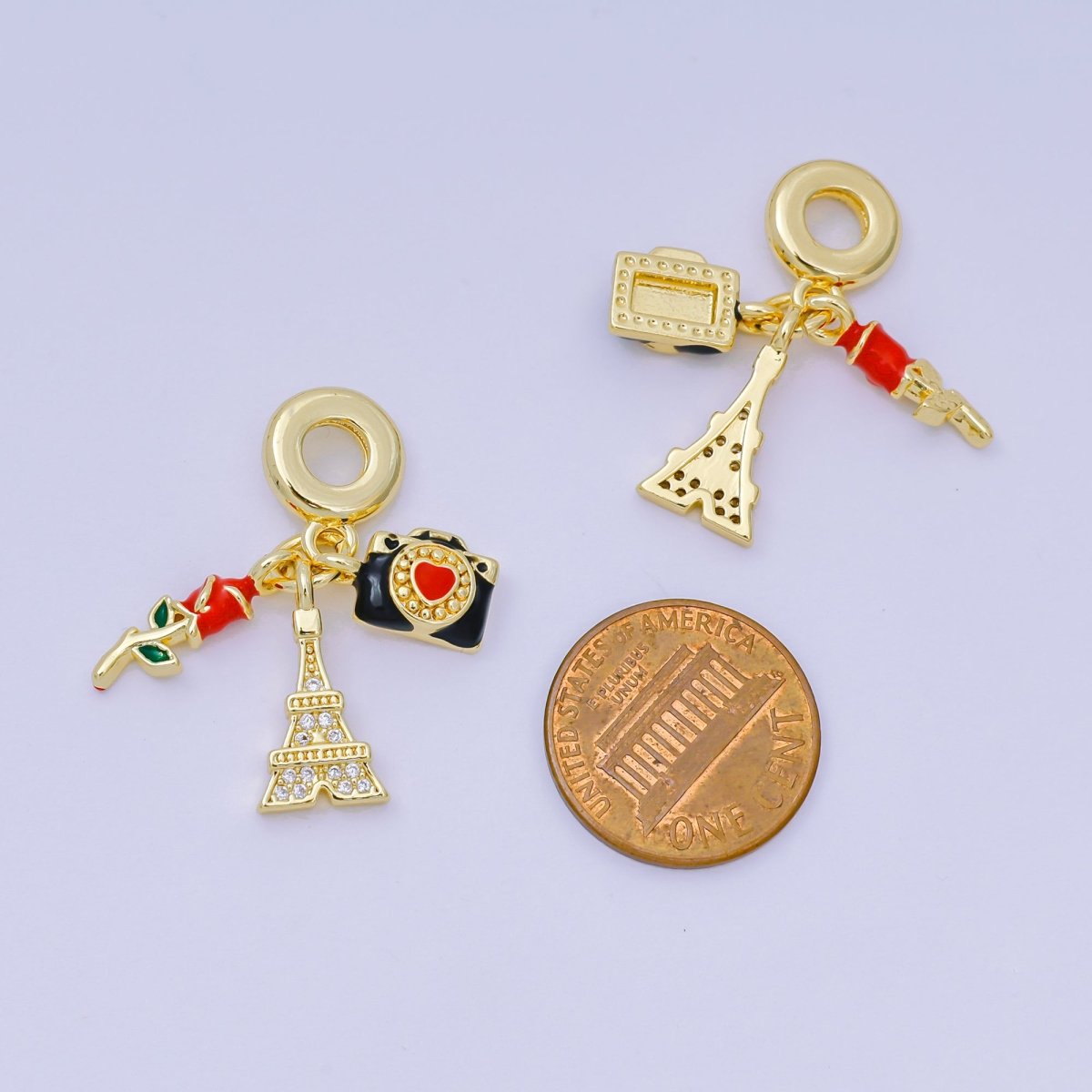 24K Gold Filled 16mm Micro Paved CZ Enamel Art Love in Paris Set Charm in Rose, Camera, & Eiffel Tower | AH - 600 - DLUXCA