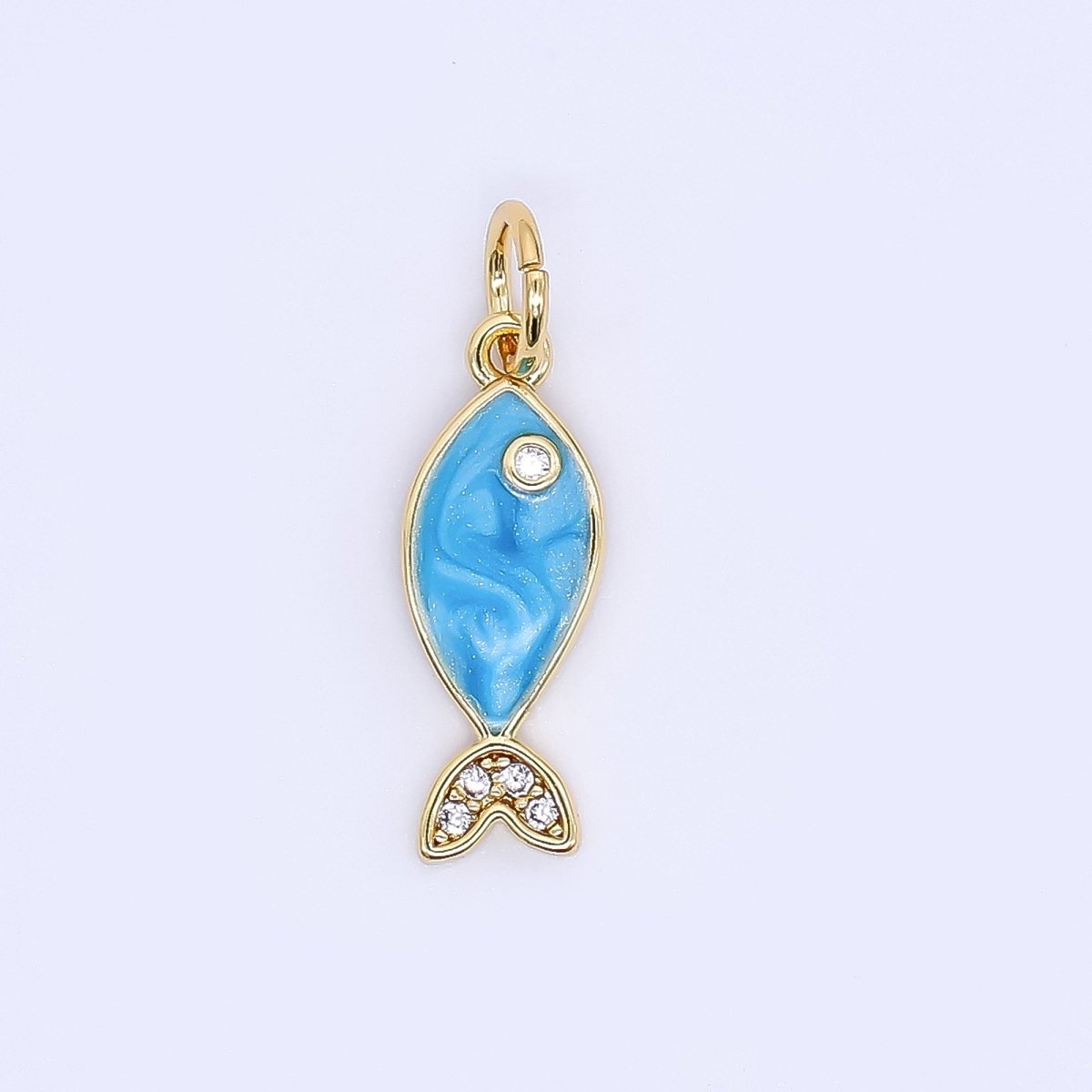 24K Gold Filled 16mm Micro Paved CZ Ocean Tiny Fish Enamel Charm | W167 - DLUXCA