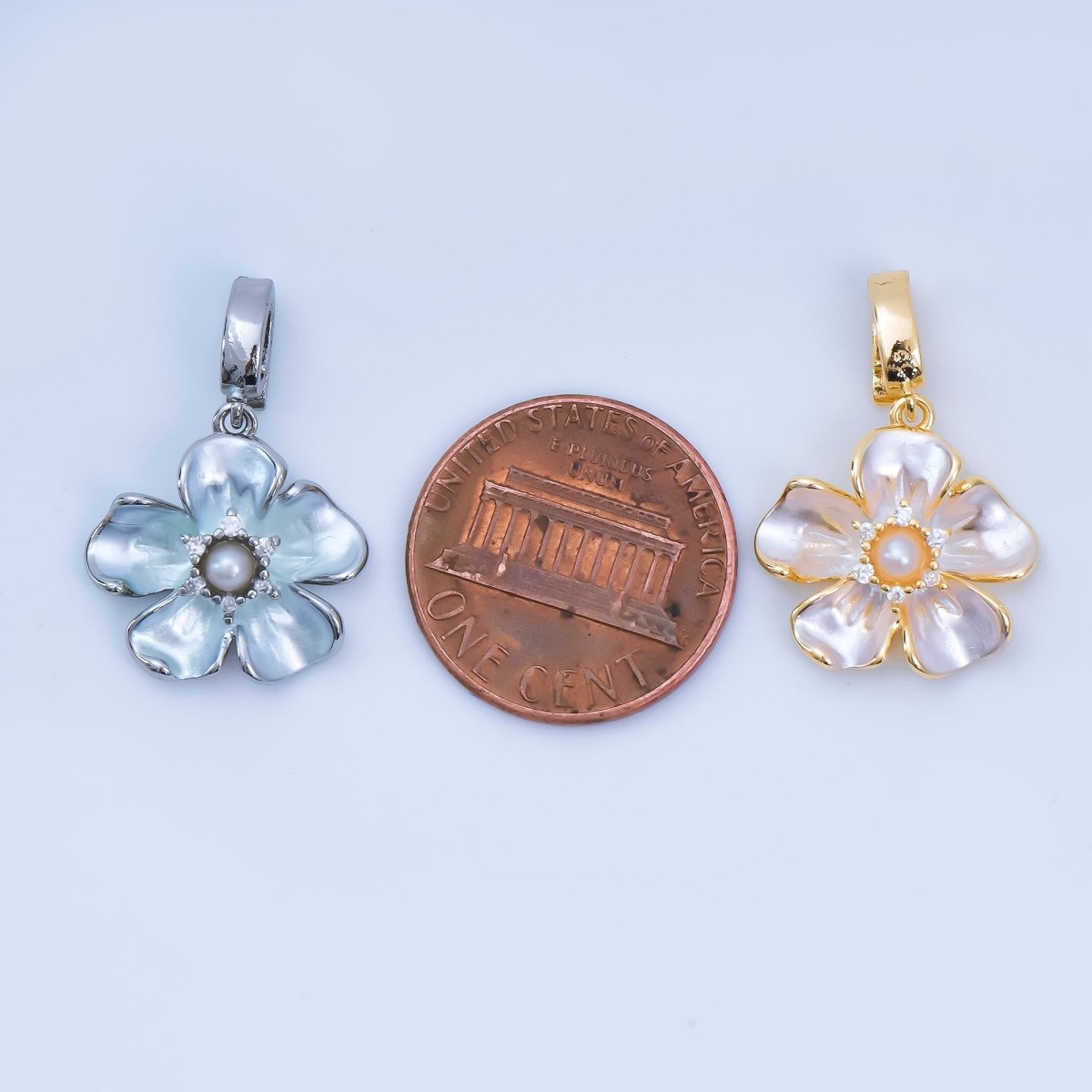 24K Gold Filled 16mm Micro Paved CZ Shell Pearl Flourish Blossom Flower Charm in Gold & Silver| AA - 1589 - DLUXCA