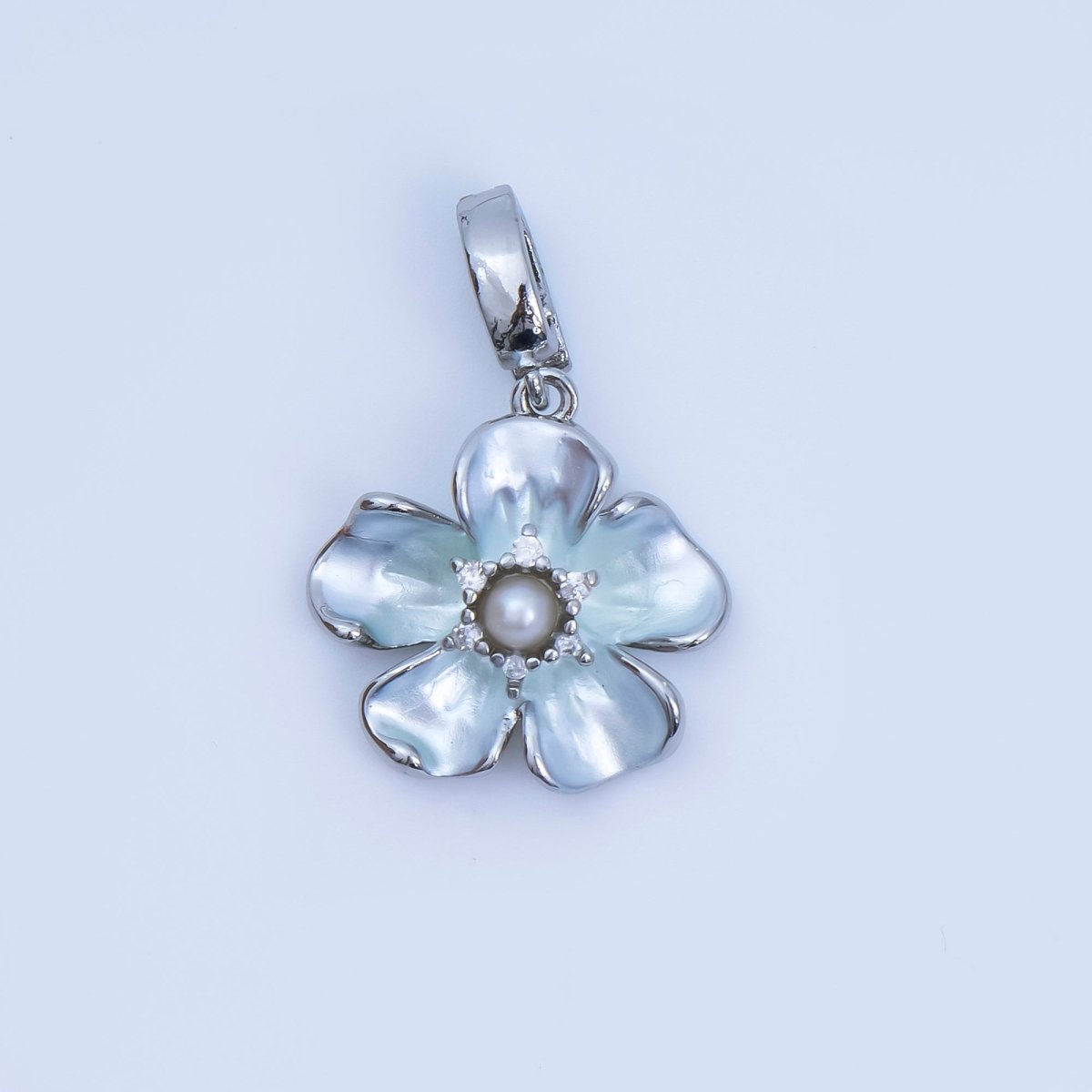 24K Gold Filled 16mm Micro Paved CZ Shell Pearl Flourish Blossom Flower Charm in Gold & Silver| AA - 1589 - DLUXCA