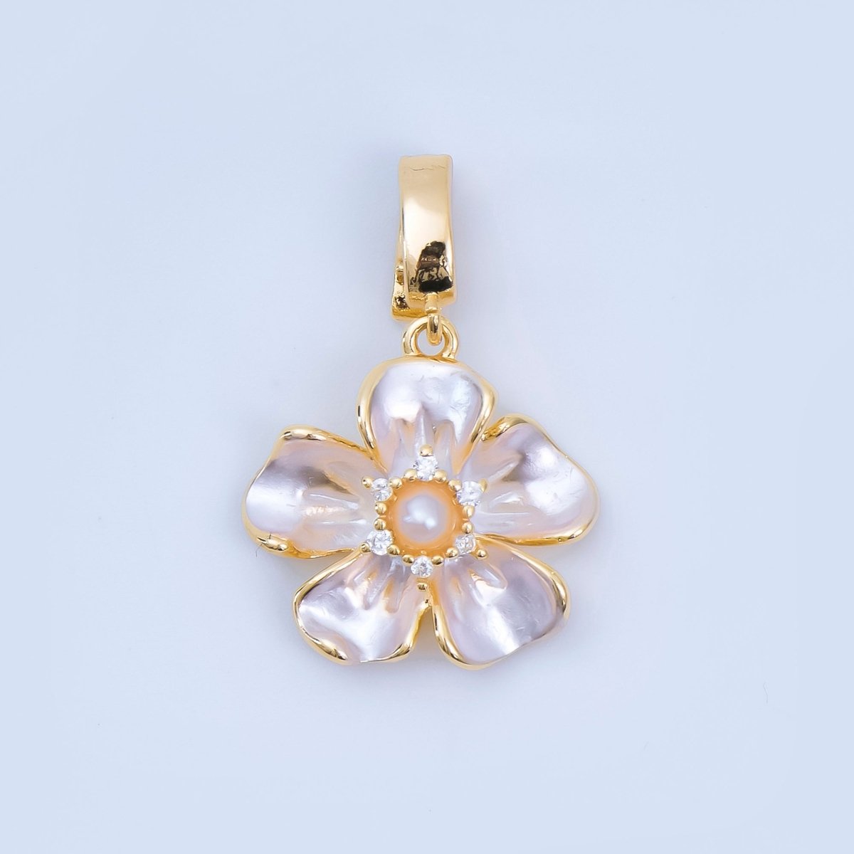 24K Gold Filled 16mm Micro Paved CZ Shell Pearl Flourish Blossom Flower Charm in Gold & Silver| AA - 1589 - DLUXCA