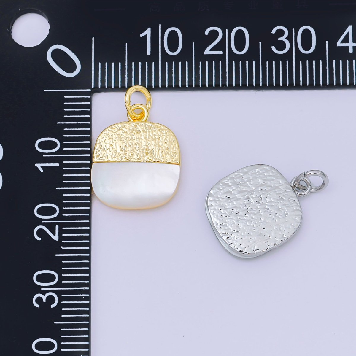 24K Gold Filled 16mm Mother of Pearl Two - Toned Half - Circle Charm in Gold & Silver | AH - 593