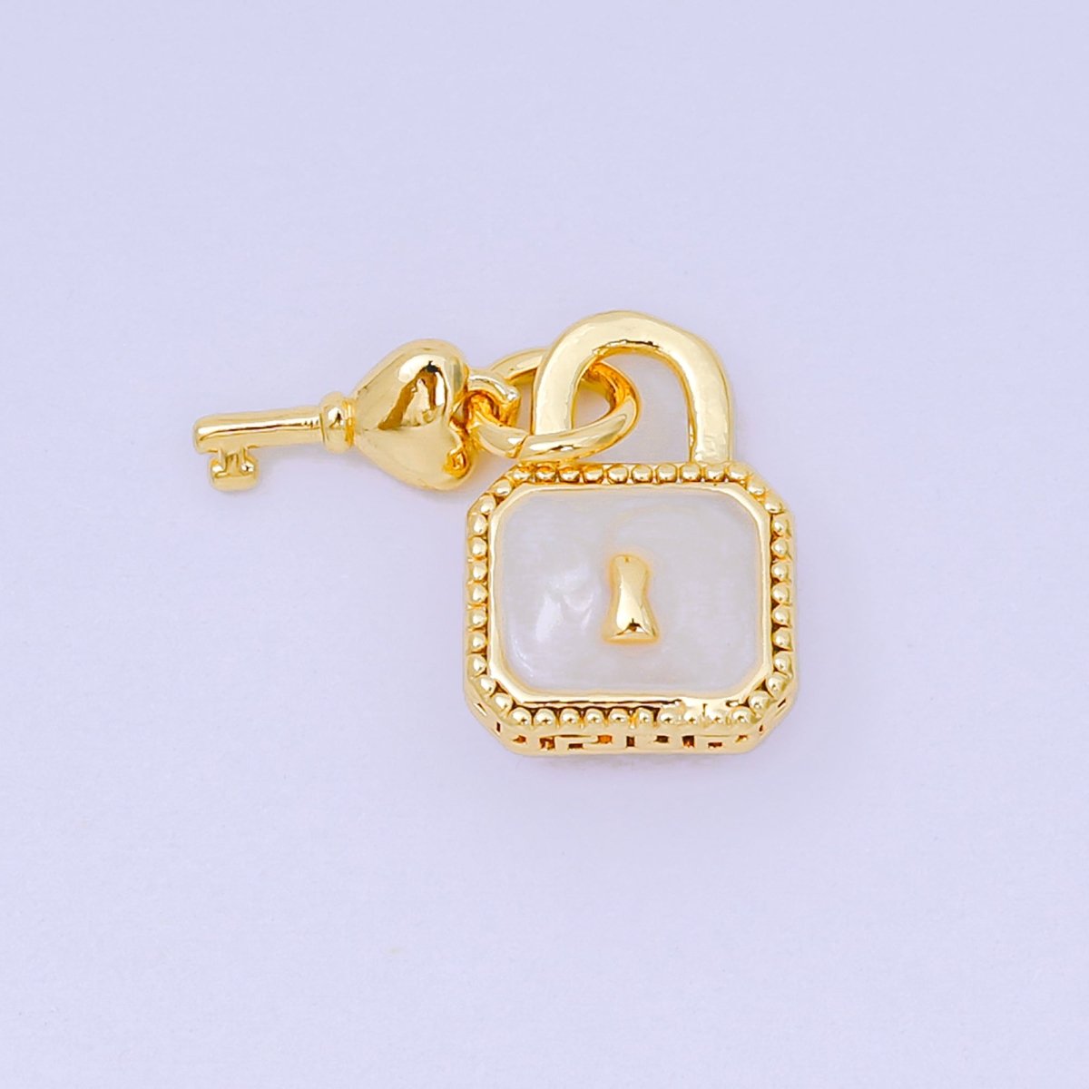 24K Gold Filled 16mm Mother of Pearl Unlock the Padlock & Heart of Key Charm in Gold & Silver | AH - 592 - DLUXCA