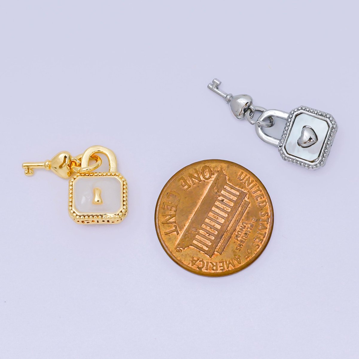 24K Gold Filled 16mm Mother of Pearl Unlock the Padlock & Heart of Key Charm in Gold & Silver | AH - 592 - DLUXCA