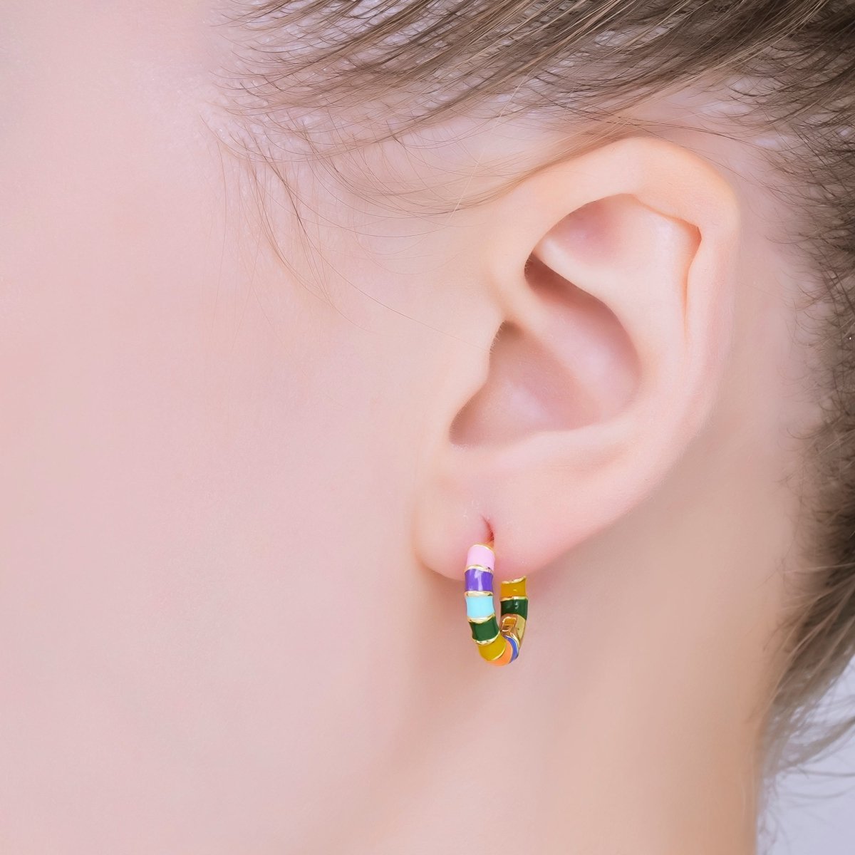 24K Gold Filled 16mm Multicolor Pink, Blue, Rainbow Enamel Huggie Earrings | AJ113 - AJ115 - DLUXCA