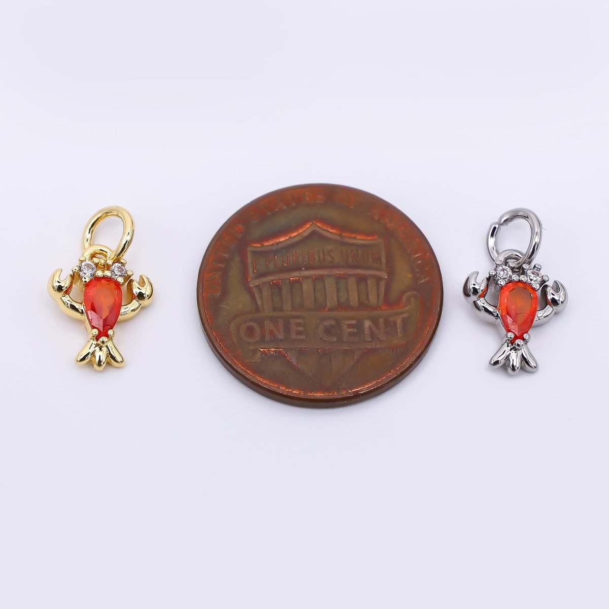 24K Gold Filled 16mm Red Teardrop CZ Fresh Sea Shrimp Lobster Animal Charm in Gold & Silver | M - 653 - DLUXCA