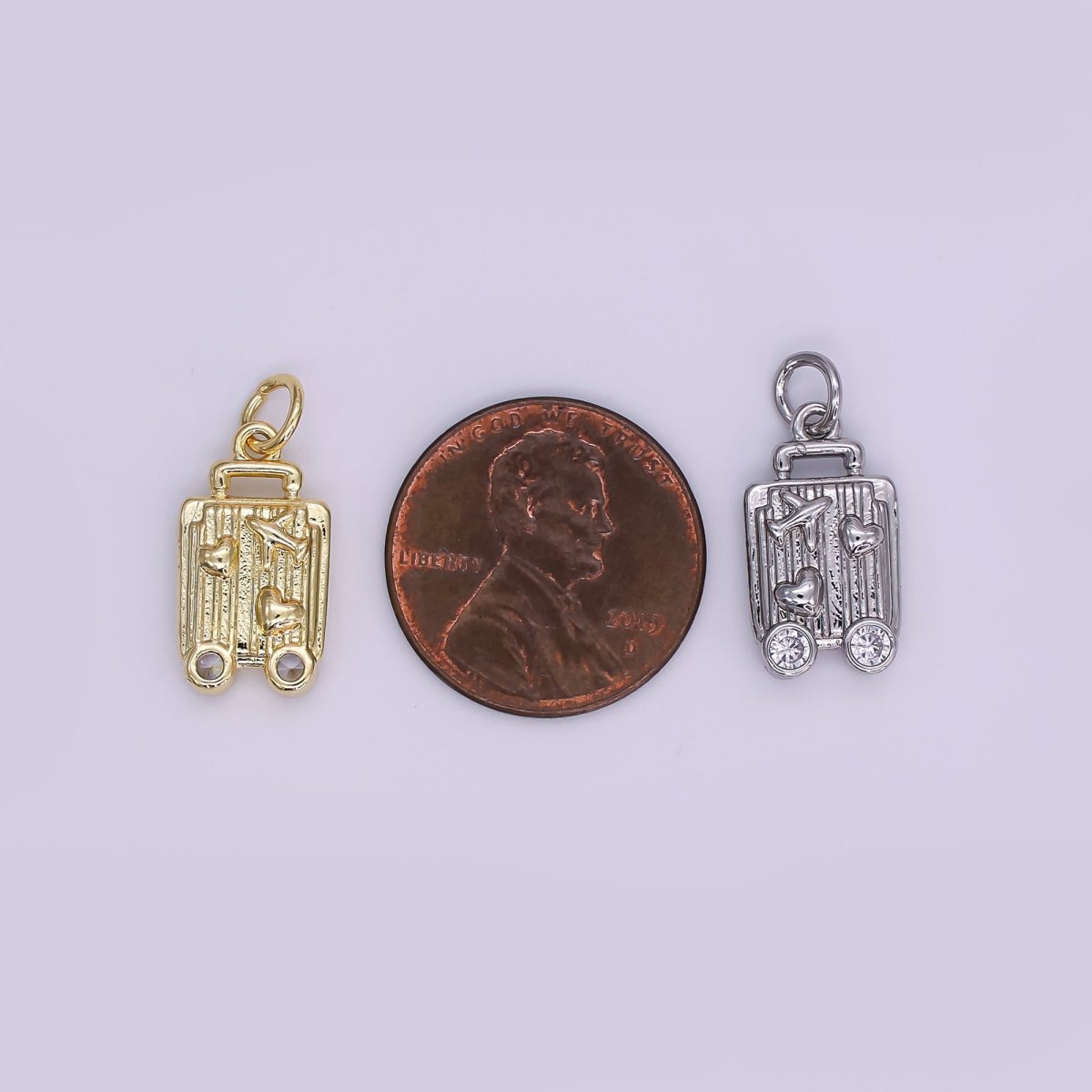 24K Gold Filled 16mm Round CZ Baggage Love to Travel Heart & Plane Charm in Gold & Silver | AJ - 343 - DLUXCA