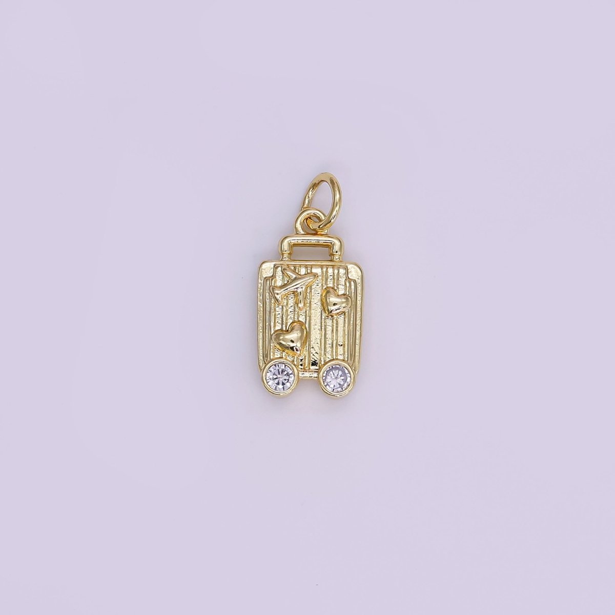 24K Gold Filled 16mm Round CZ Baggage Love to Travel Heart & Plane Charm in Gold & Silver | AJ - 343 - DLUXCA