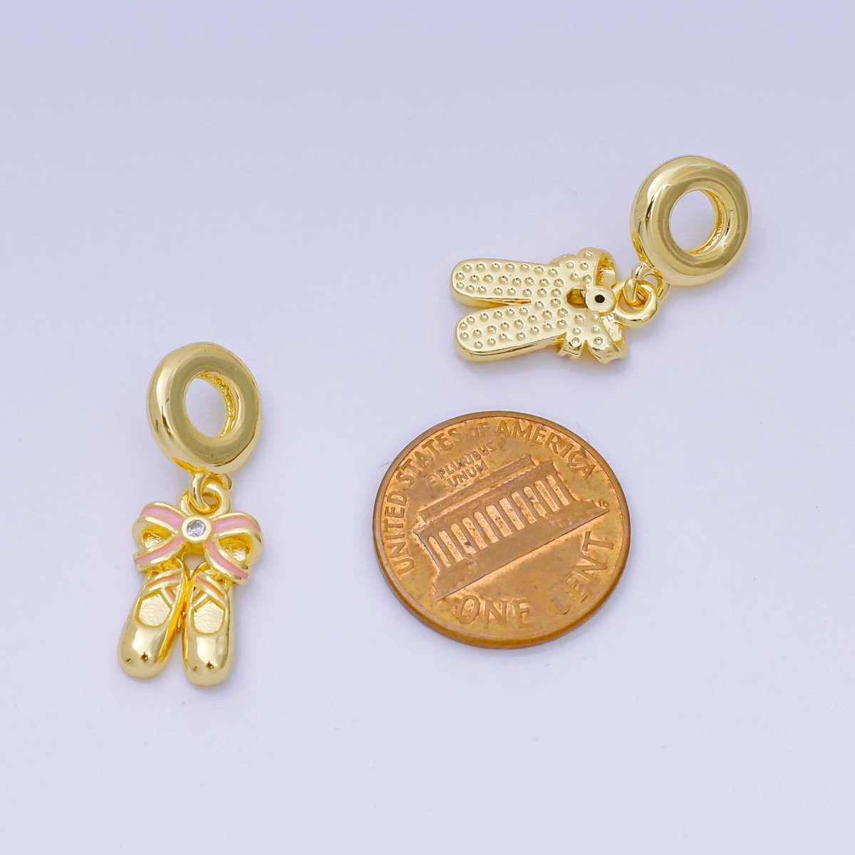 24K Gold Filled 16mm Round CZ Enamel Art Ballet Shoes with Bow Charm | AH - 596 - DLUXCA