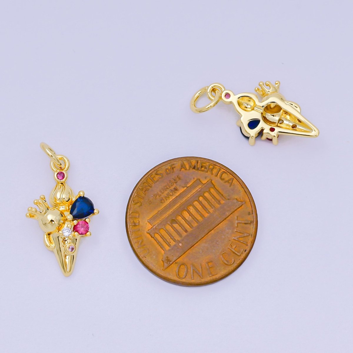 24K Gold Filled 17mm Blue & Fuchsia CZ Palace Theme Crown Ice Cream Charm | D - 284 - DLUXCA