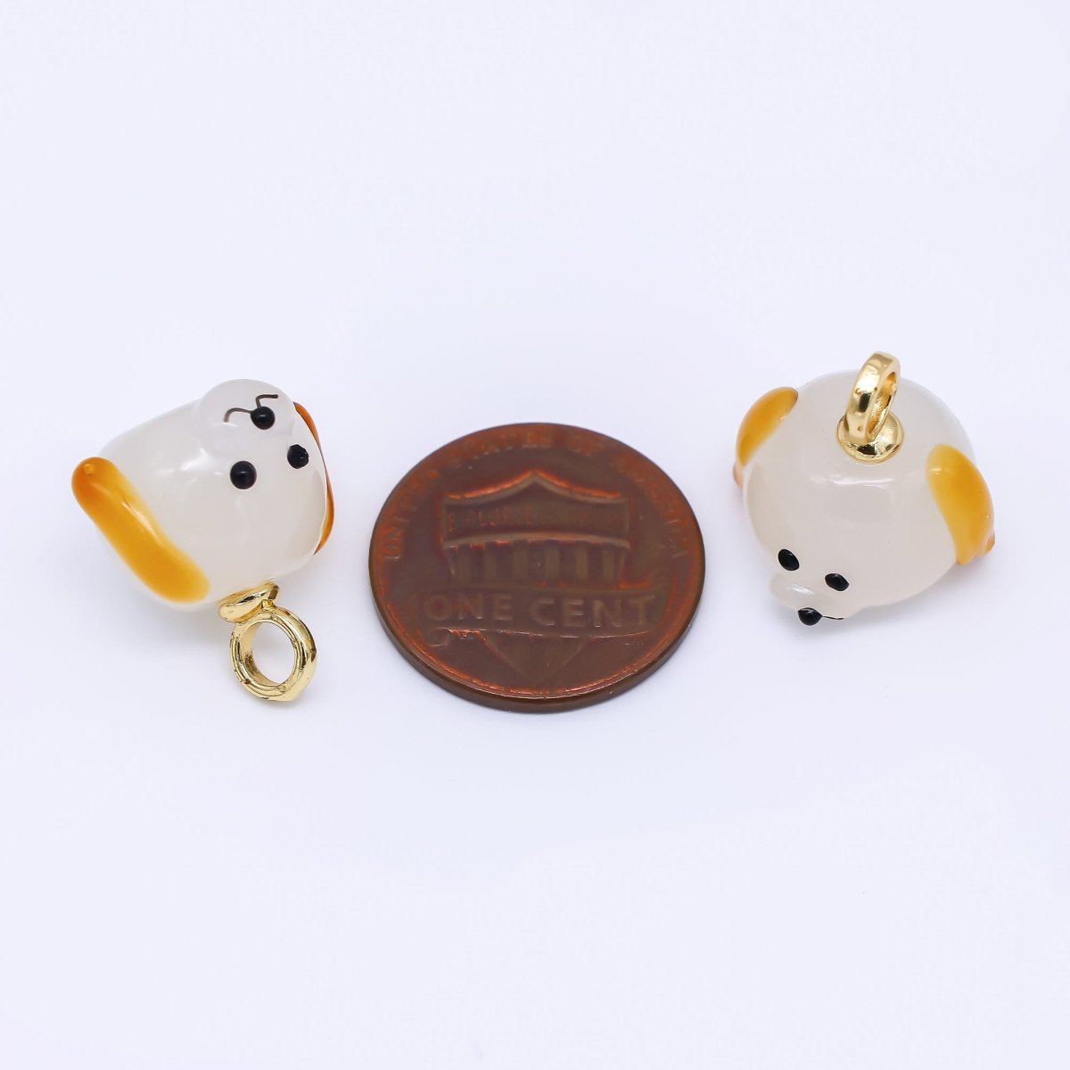 24K Gold Filled 17mm Ceramic Art Puppy Dog with Brown Ears Animal Charm | AJ - 301 - DLUXCA