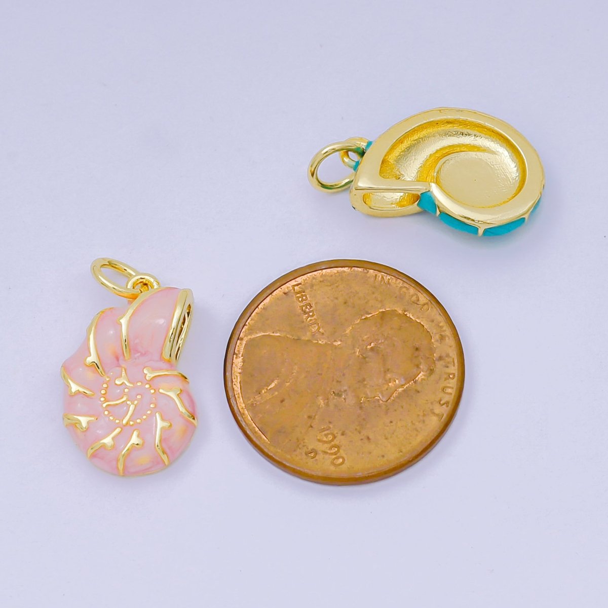 24K Gold Filled 17mm Enamel Art Sea Conch Shell Charm in Pink, Blue, & Pink| AH - 629 H - 630 - DLUXCA
