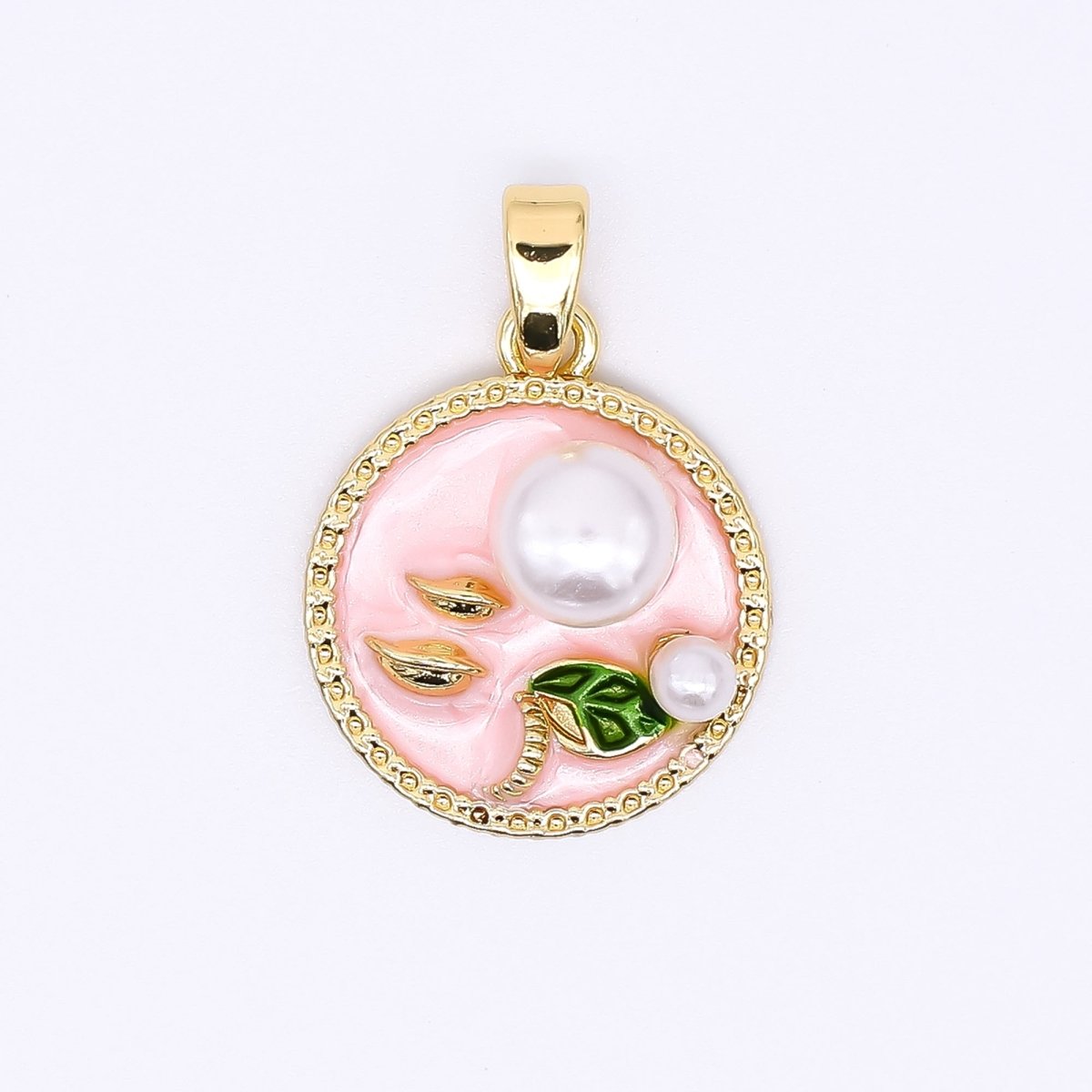 24K Gold Filled 17mm Enamel Art Shell Pearl Pearly Flowers Medallion Pendant in Green, Pink, & Purple | AH - 508 AH - 509 - DLUXCA