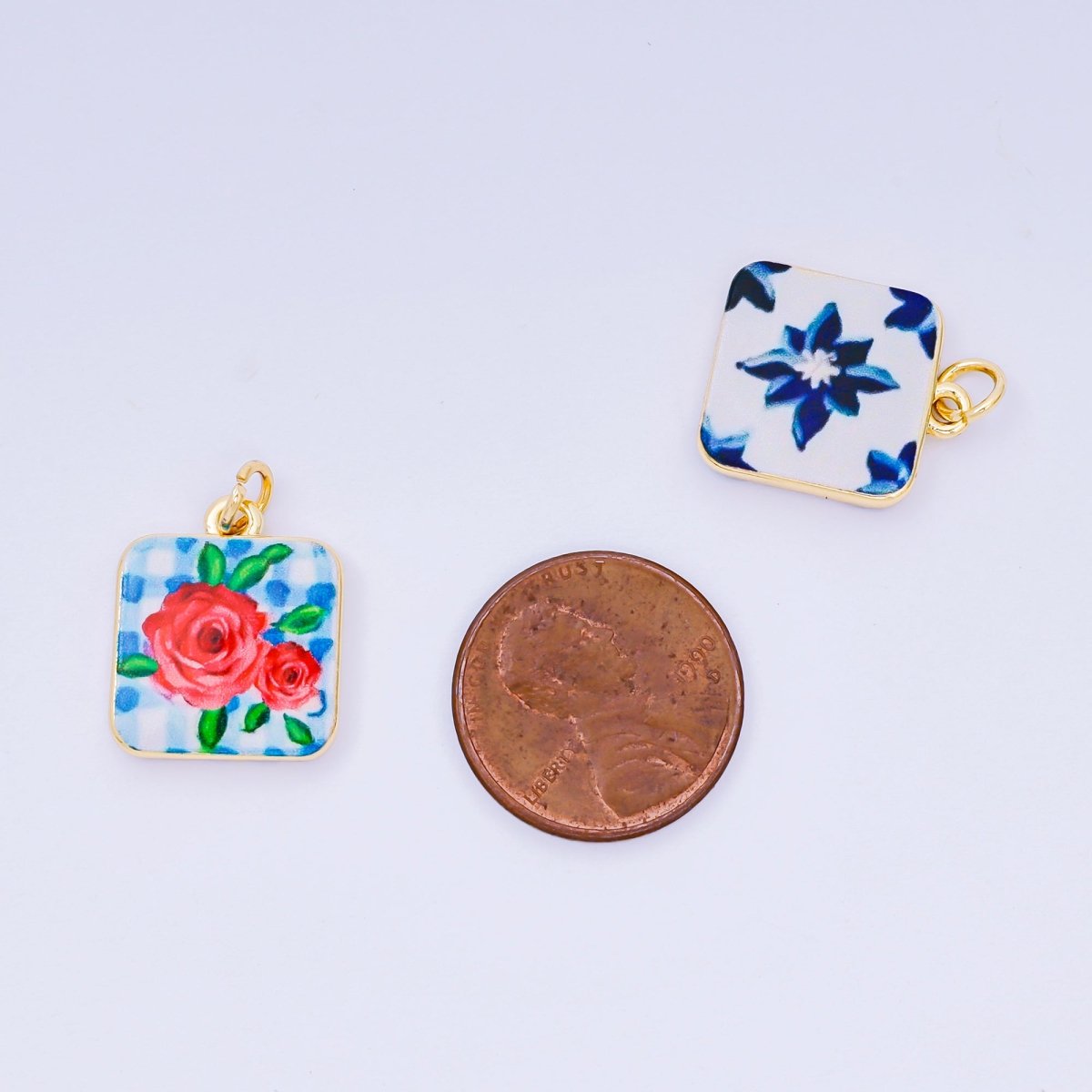 24K Gold Filled 17mm Enamel Art Square Red Rose Blue Flower Charm | AJ - 518, AJ - 537, AJ - 527 - DLUXCA