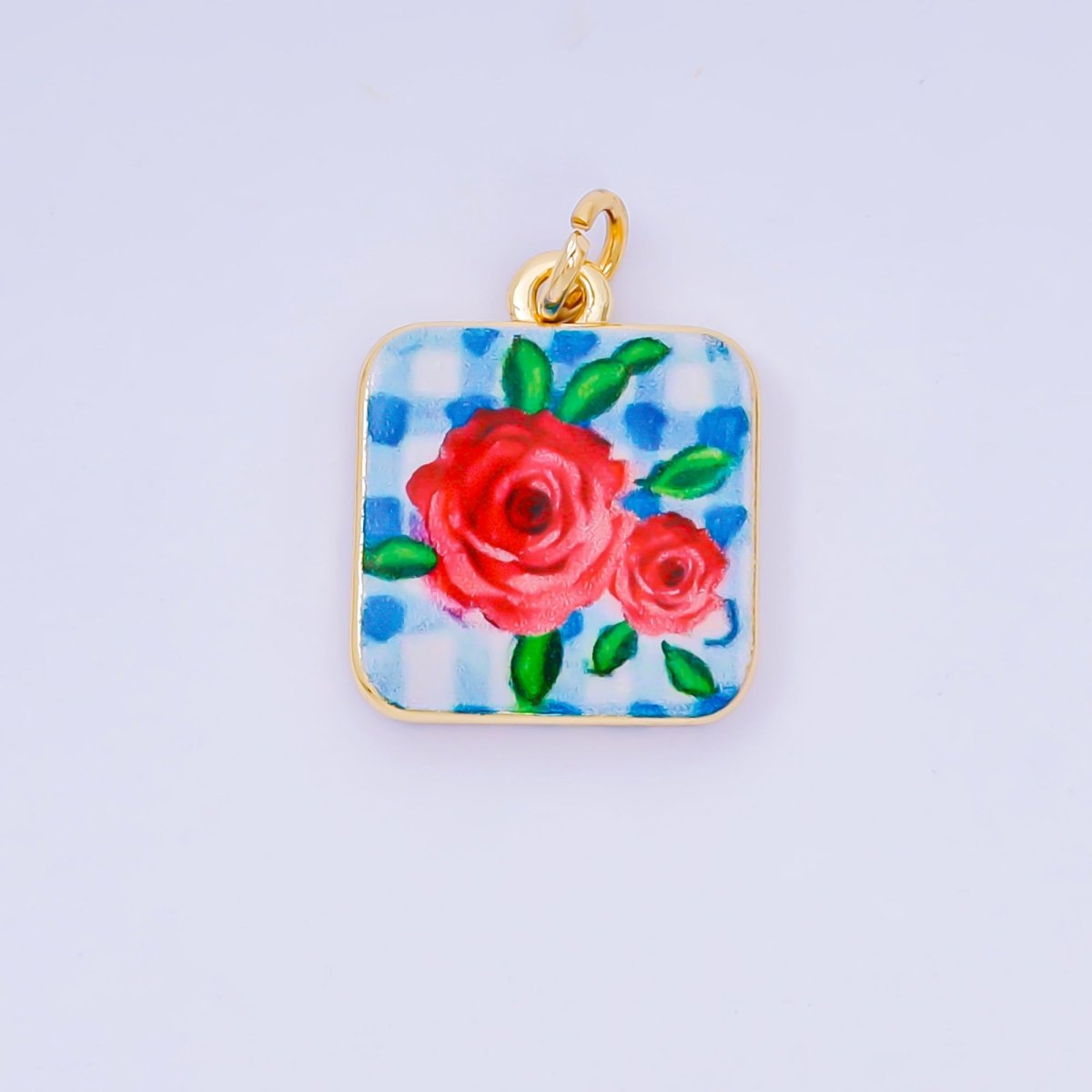24K Gold Filled 17mm Enamel Art Square Red Rose Blue Flower Charm | AJ - 518, AJ - 537, AJ - 527 - DLUXCA