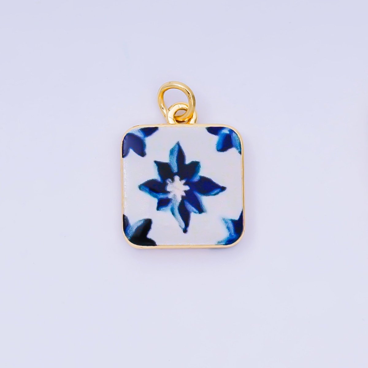 24K Gold Filled 17mm Enamel Art Square Red Rose Blue Flower Charm | AJ - 518, AJ - 537, AJ - 527 - DLUXCA