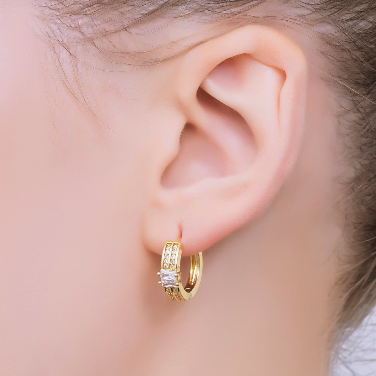 24K Gold Filled 17mm Micro Paved CZ Double Row Radiance Hinged Huggie Hoops Earrings in Gold & Silver | AJ - 123 AJ - 124 - DLUXCA