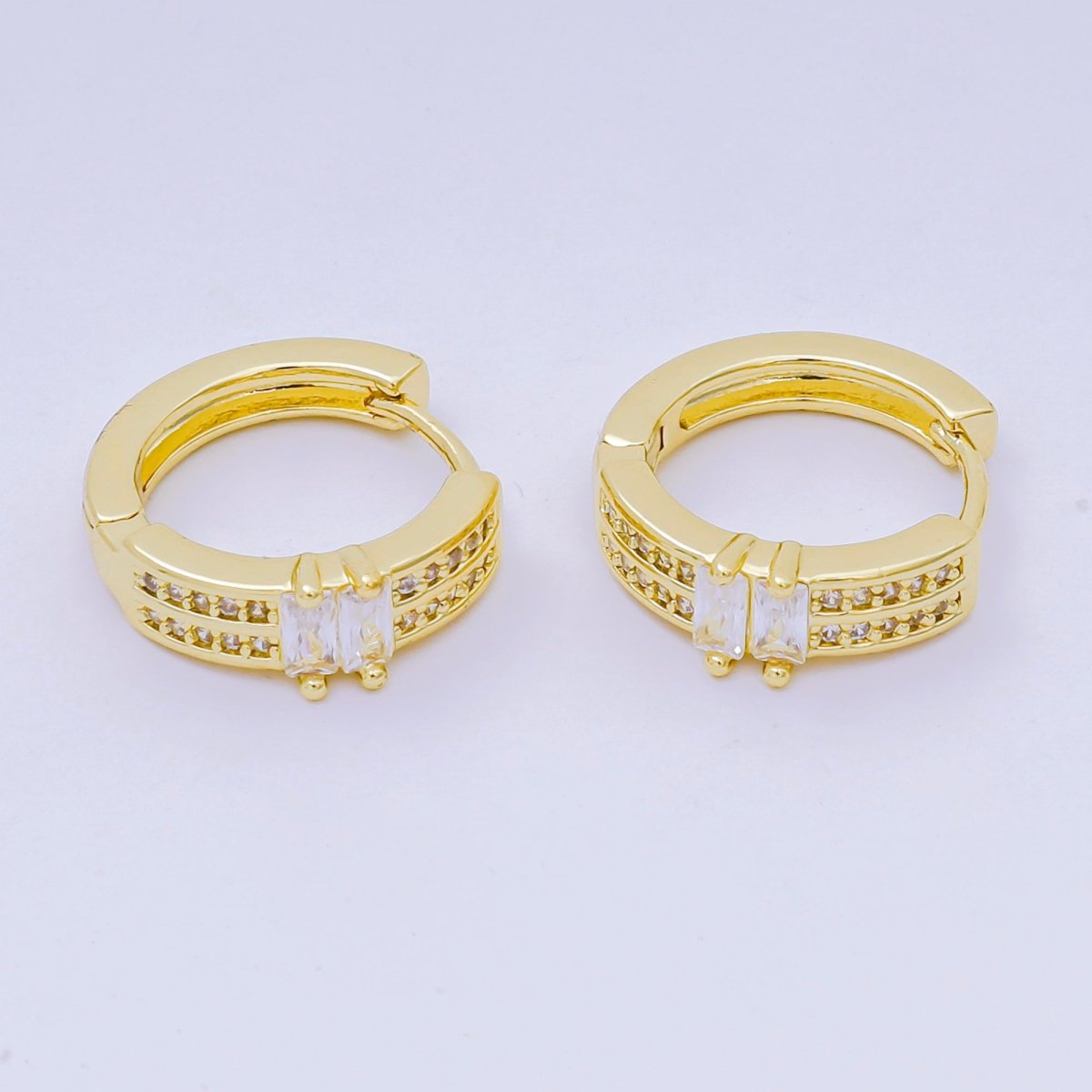 24K Gold Filled 17mm Micro Paved CZ Double Row Radiance Hinged Huggie Hoops Earrings in Gold & Silver | AJ - 123 AJ - 124 - DLUXCA