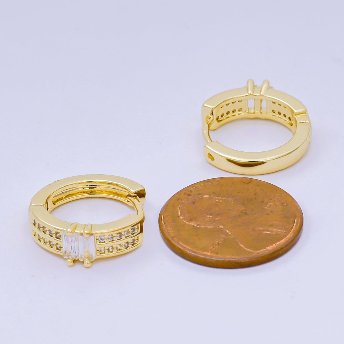 24K Gold Filled 17mm Micro Paved CZ Double Row Radiance Hinged Huggie Hoops Earrings in Gold & Silver | AJ - 123 AJ - 124 - DLUXCA