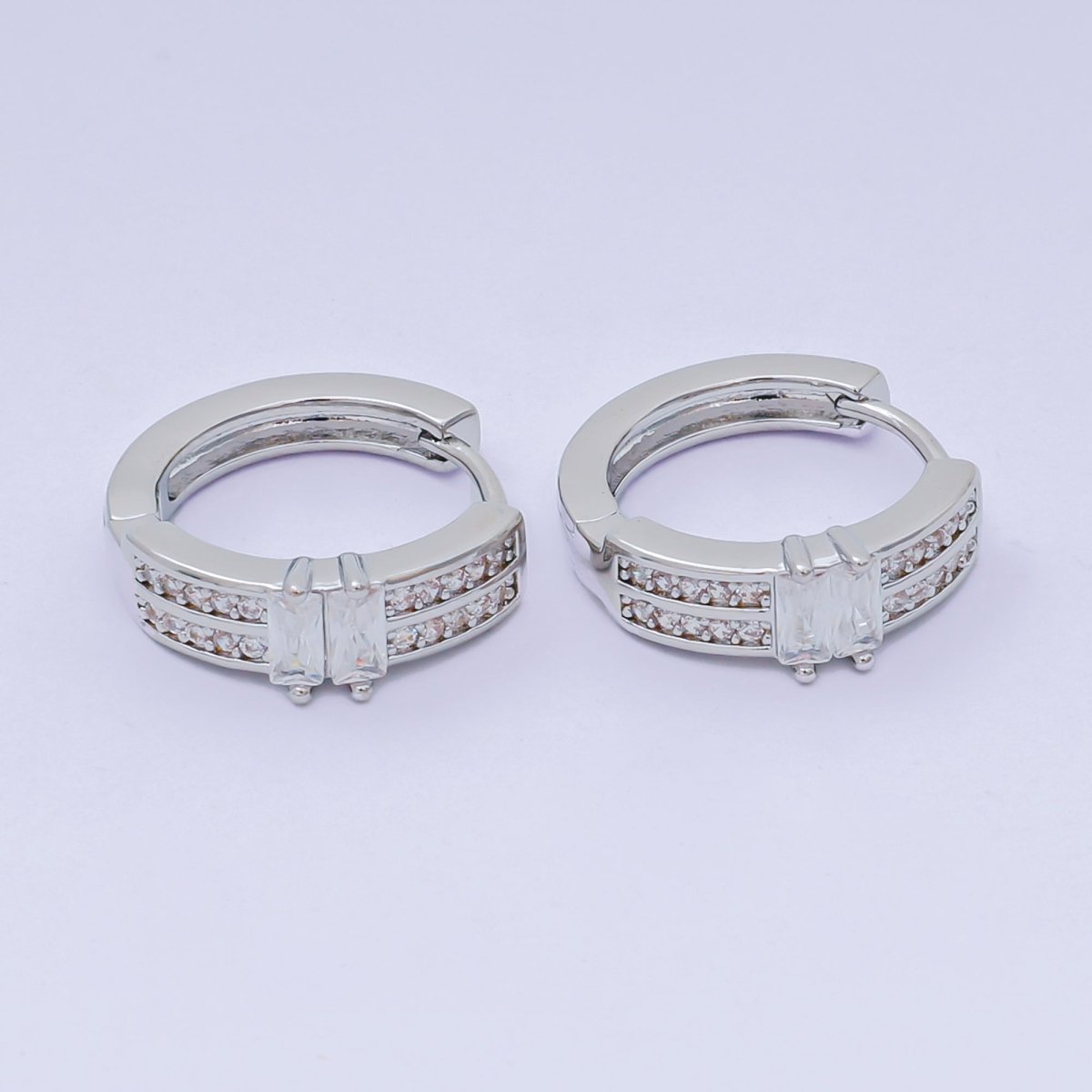 24K Gold Filled 17mm Micro Paved CZ Double Row Radiance Hinged Huggie Hoops Earrings in Gold & Silver | AJ - 123 AJ - 124 - DLUXCA