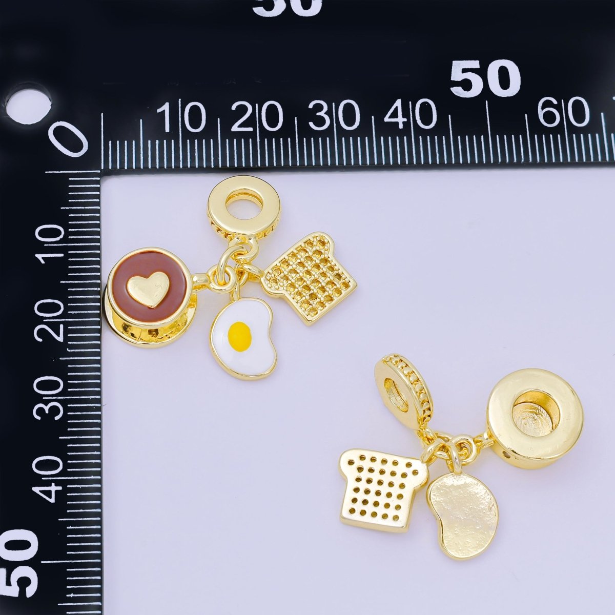 24K Gold Filled 17mm Micro Paved CZ Enamel Art Breakfast Set Charm in Coffee, Egg, & Bread | AH - 595 - DLUXCA